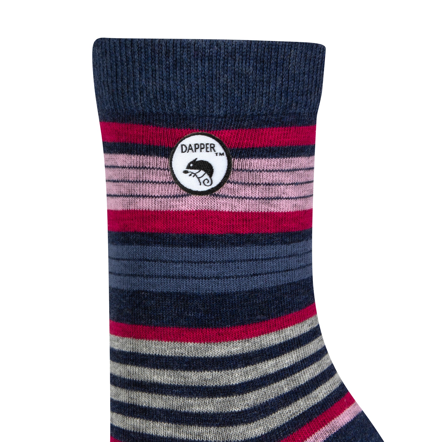 Side view of a combed cotton blue melange seamless toe anklet with cerise pink, baby pink, blue and grey stripe with Dapper Chameleon logo.