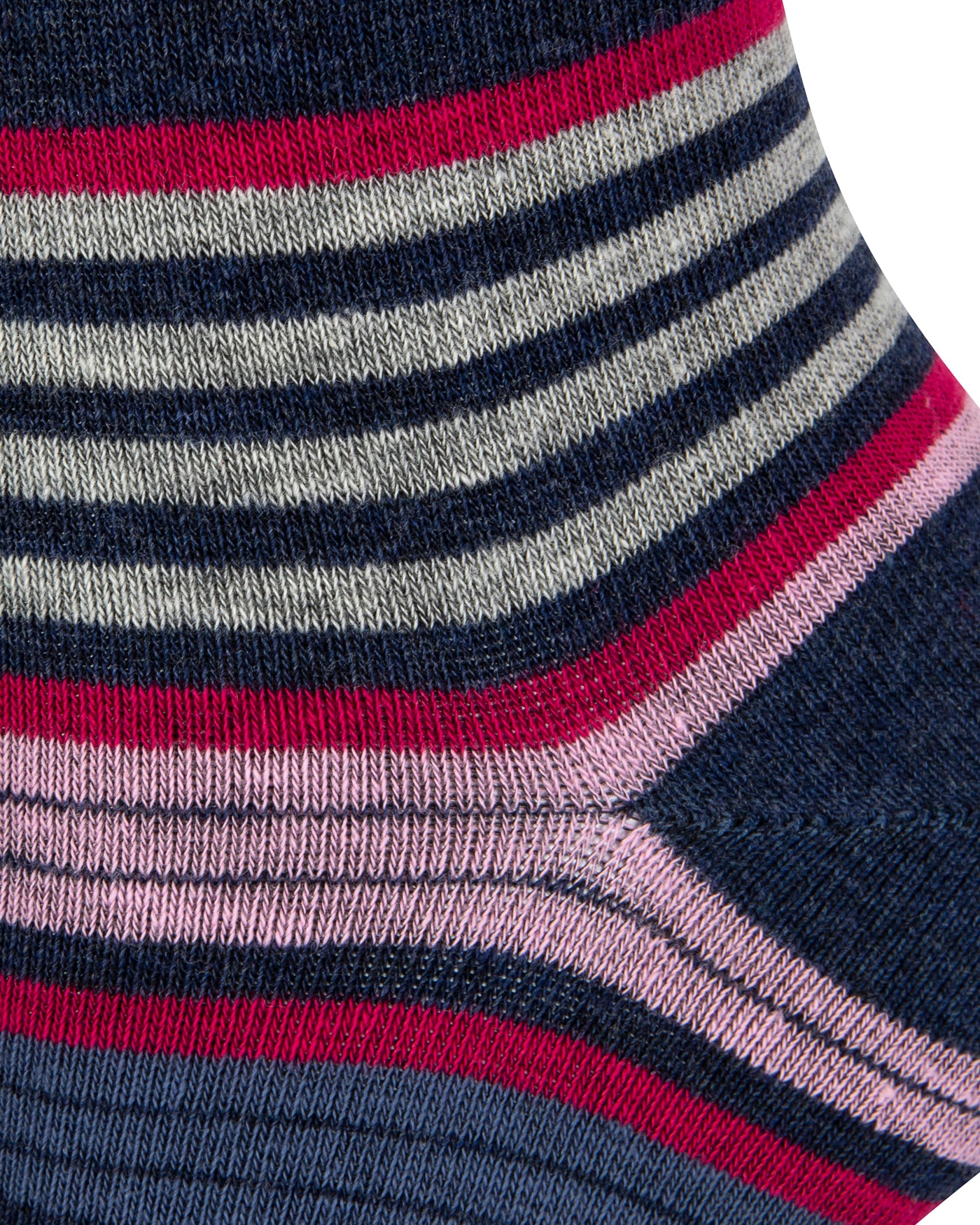 Textured heel view of a combed cotton blue melange seamless toe anklet with cerise pink, baby pink, blue and grey stripe with a blue melange heel.