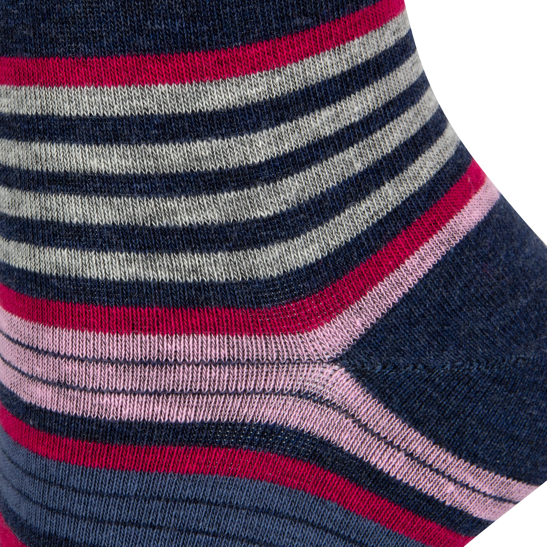 Textured heel view of a combed cotton blue melange seamless toe anklet with cerise pink, baby pink, blue and grey stripe with a blue melange heel.