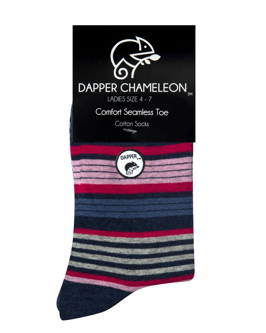 Header card packaging of a combed cotton blue melange seamless toe anklet with cerise pink, baby pink, blue and grey stripe with a blue melange heel and toe.