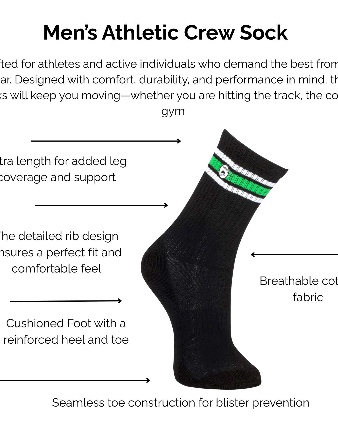 Men's black and neon green stripe athletic crew sock with technical features listed on a white background.