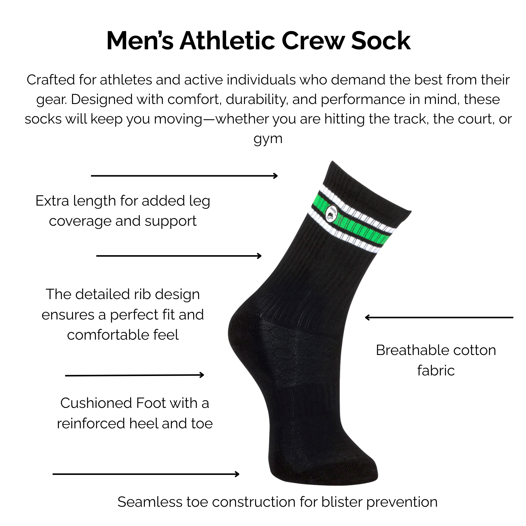 Men's black and neon green stripe athletic crew sock with technical features listed on a white background.