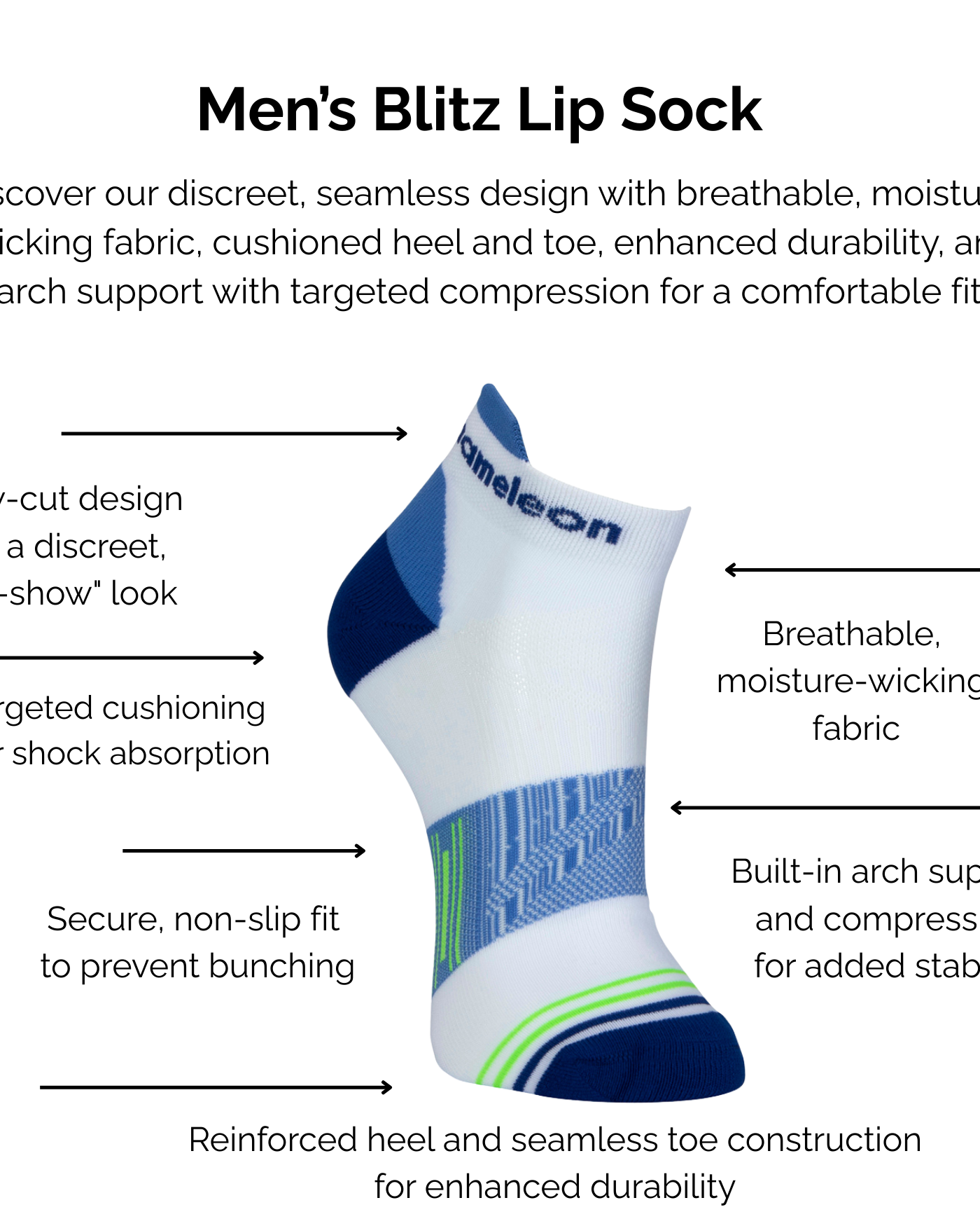 Men's Blitz Blue and White Lip Sock with technical features listed on a white background.