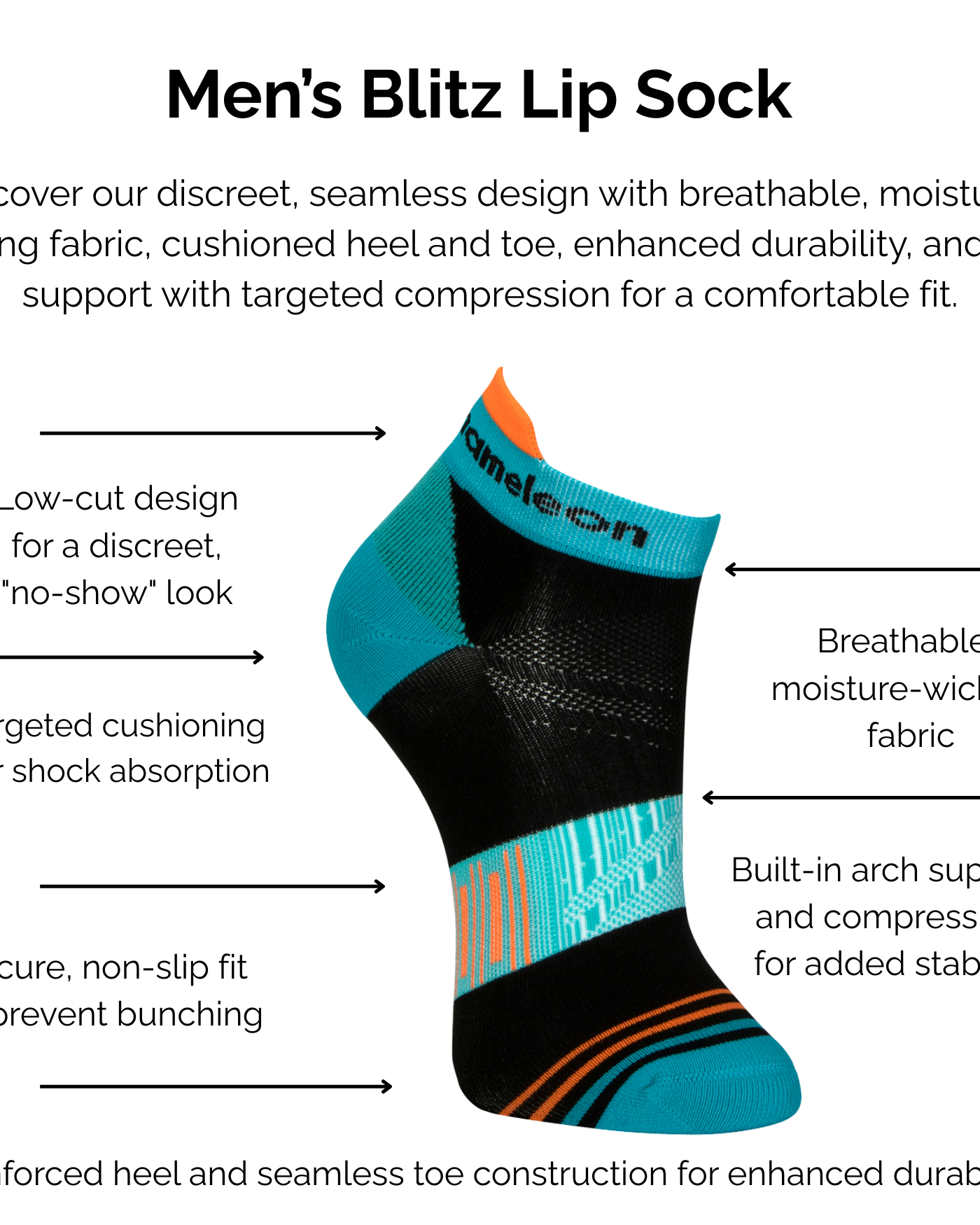 Men's Blitz Teal Lip Sock with technical sock features listed on a white background.