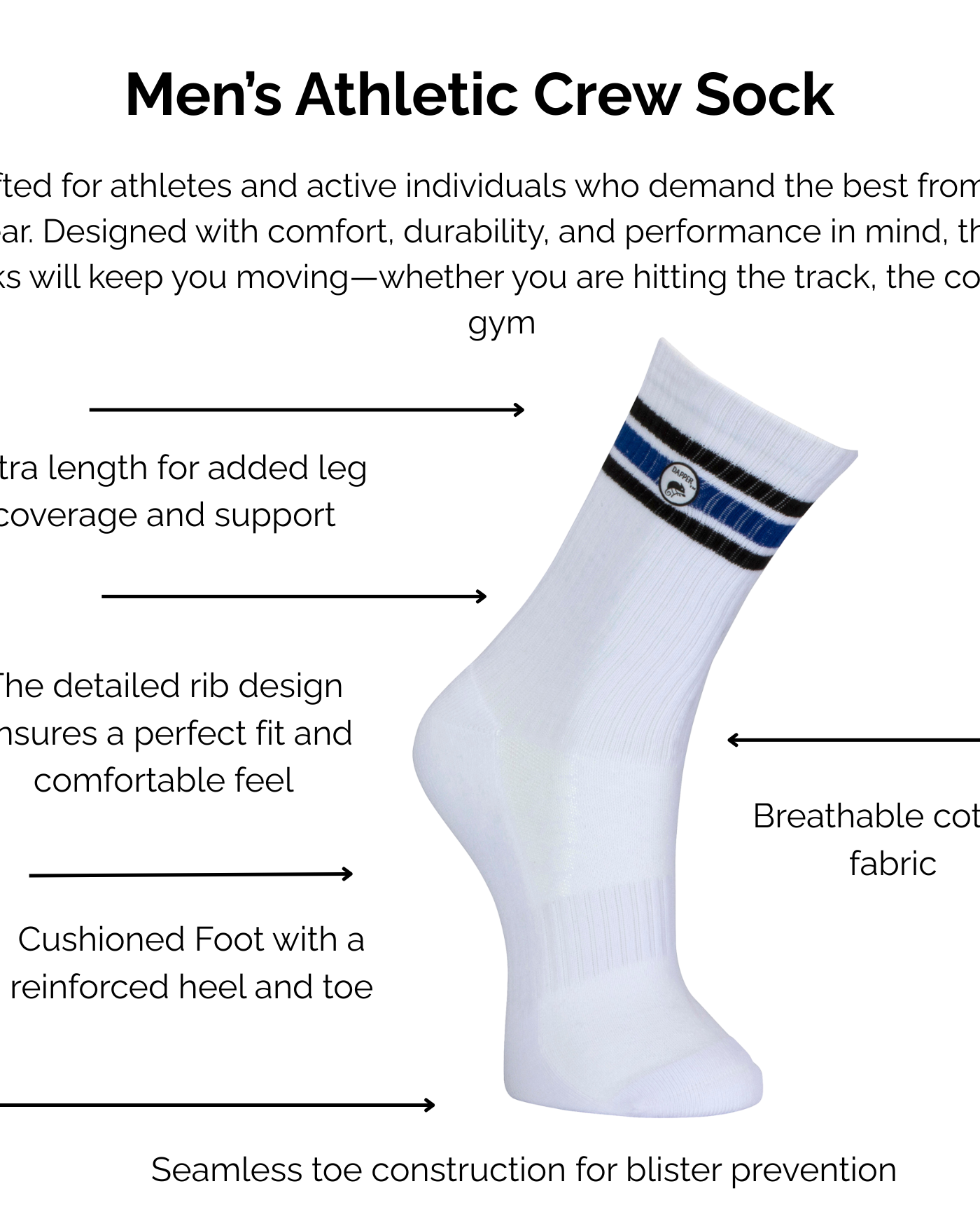 Men's white and blue striped athletic crew sock with technical features listed on a white background.