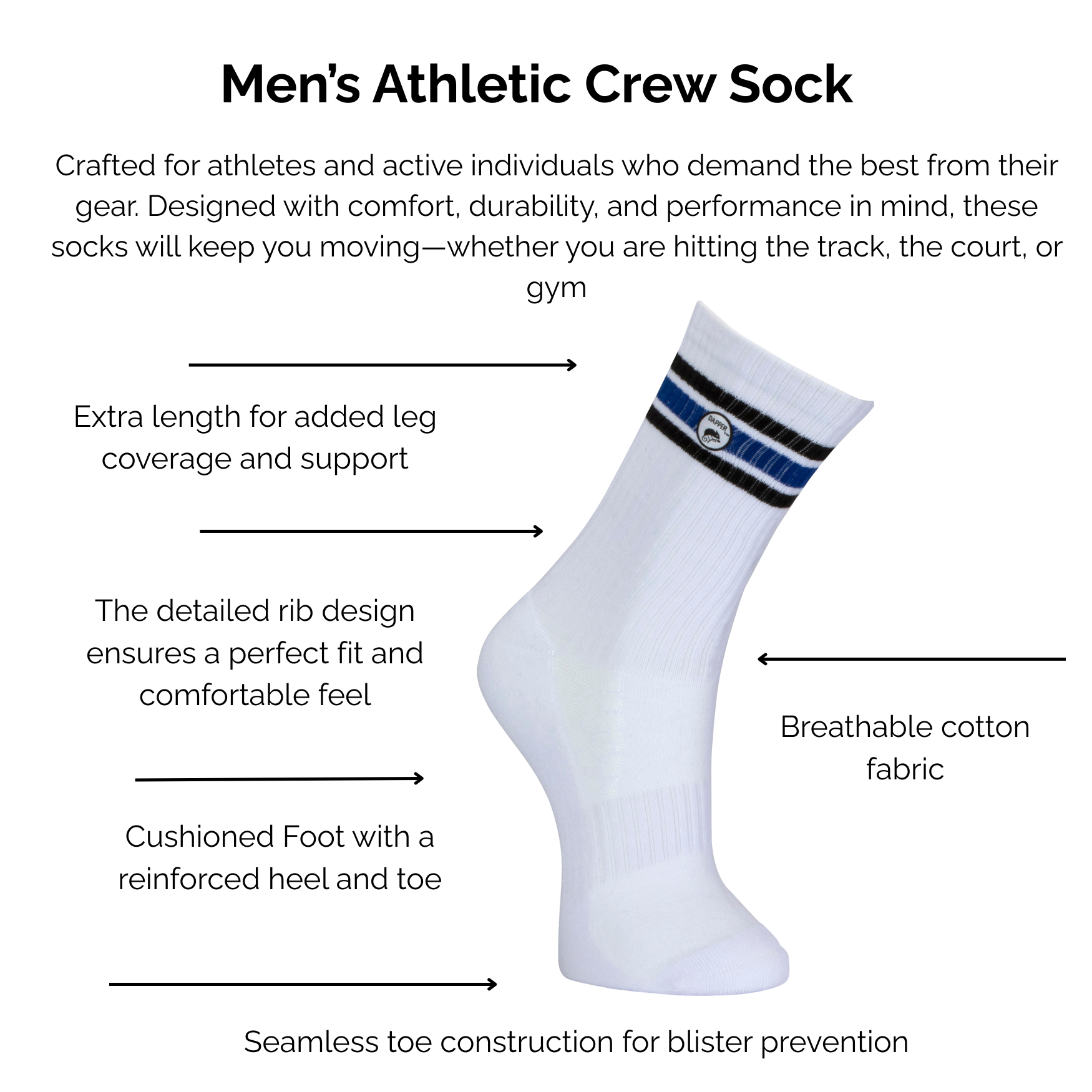 Men's white and blue striped athletic crew sock with technical features listed on a white background.