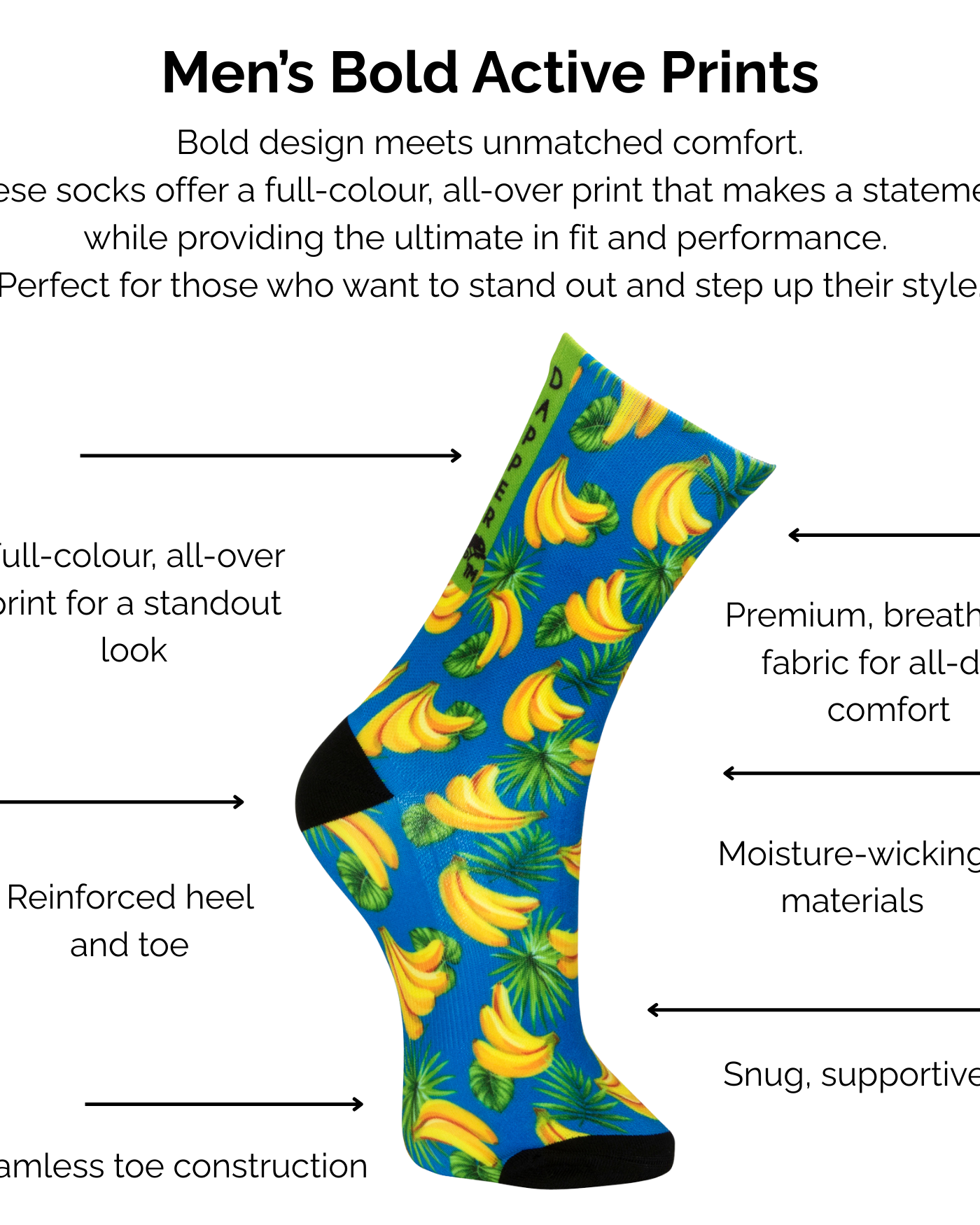 Men's bold active blue banana print sock with technical features listed on a white background.