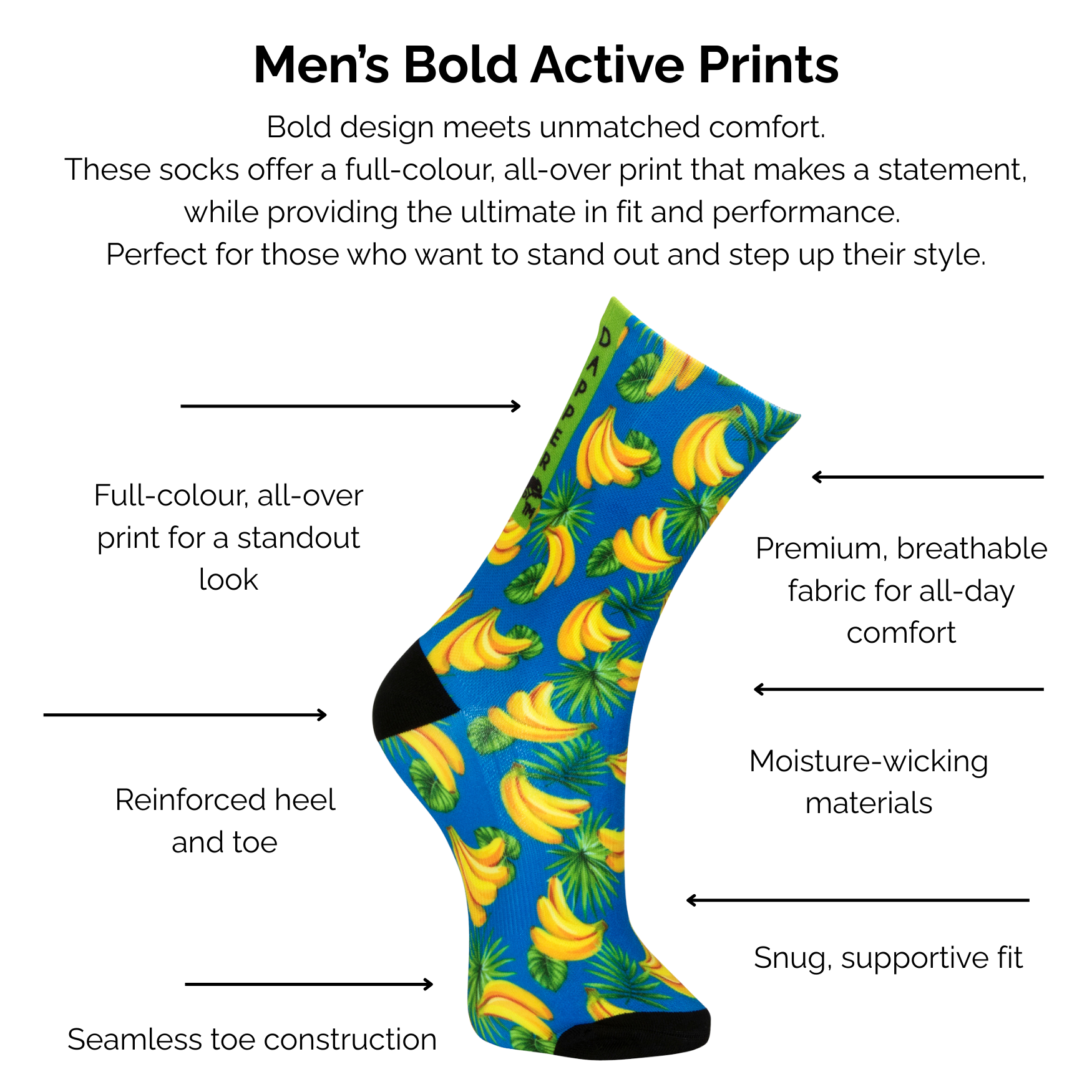 Men's bold active blue banana print sock with technical features listed on a white background.