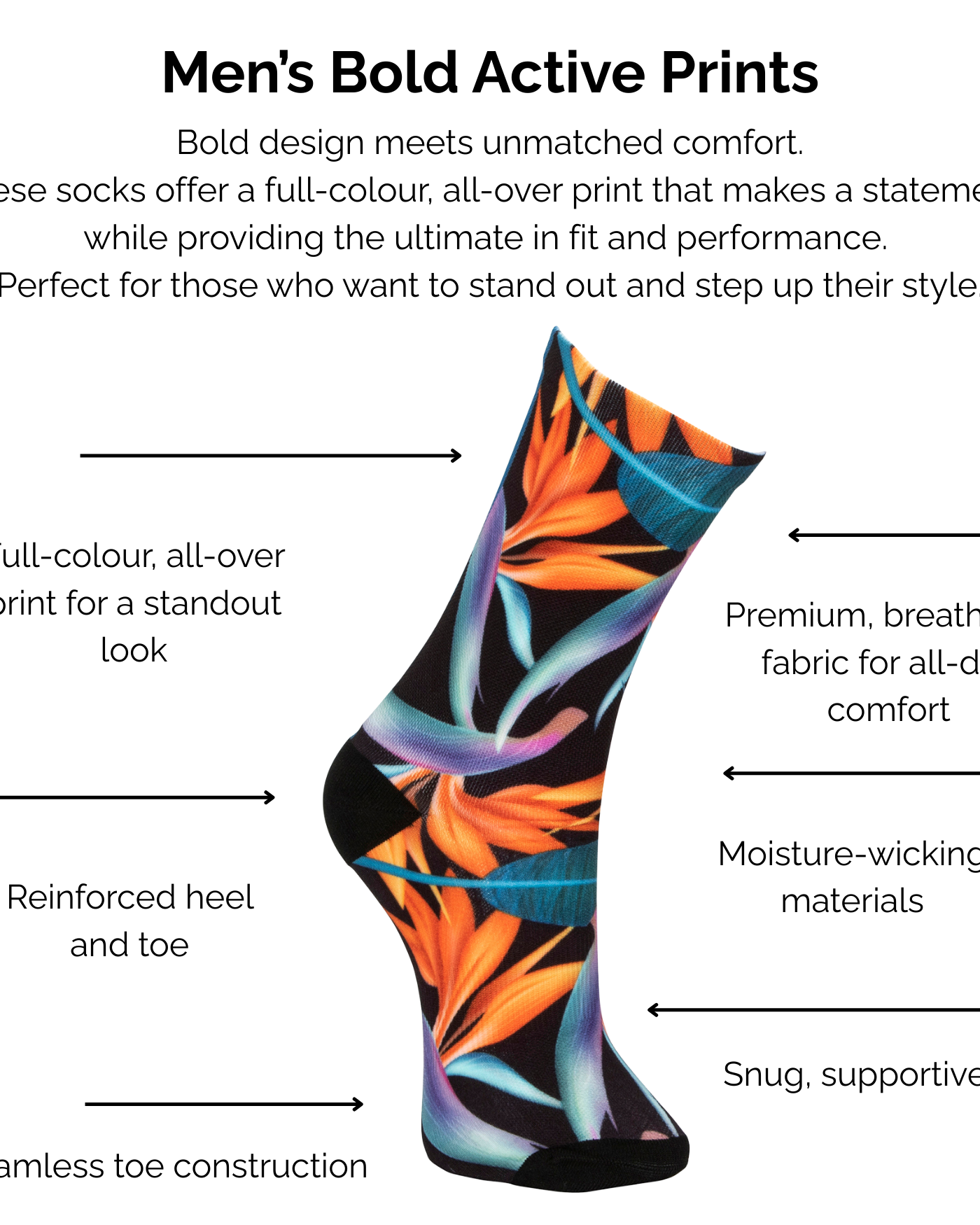 Black and colourful bird of paradise print sock with text describing technical features on a white background.