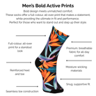 Black and colourful bird of paradise print sock with text describing technical features on a white background.