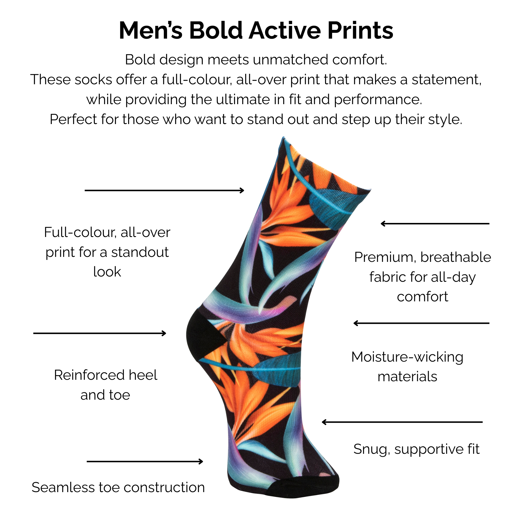 Black and colourful bird of paradise print sock with text describing technical features on a white background.