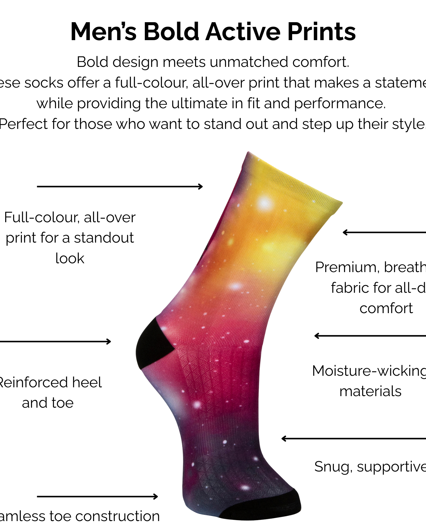 Men's galaxy bold active prints sock with technical features listed on a white background.