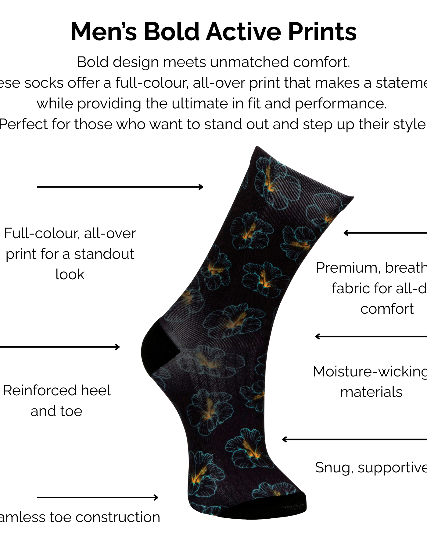 Men's bold active hibiscus print sock with technical features highlighted on a white background.