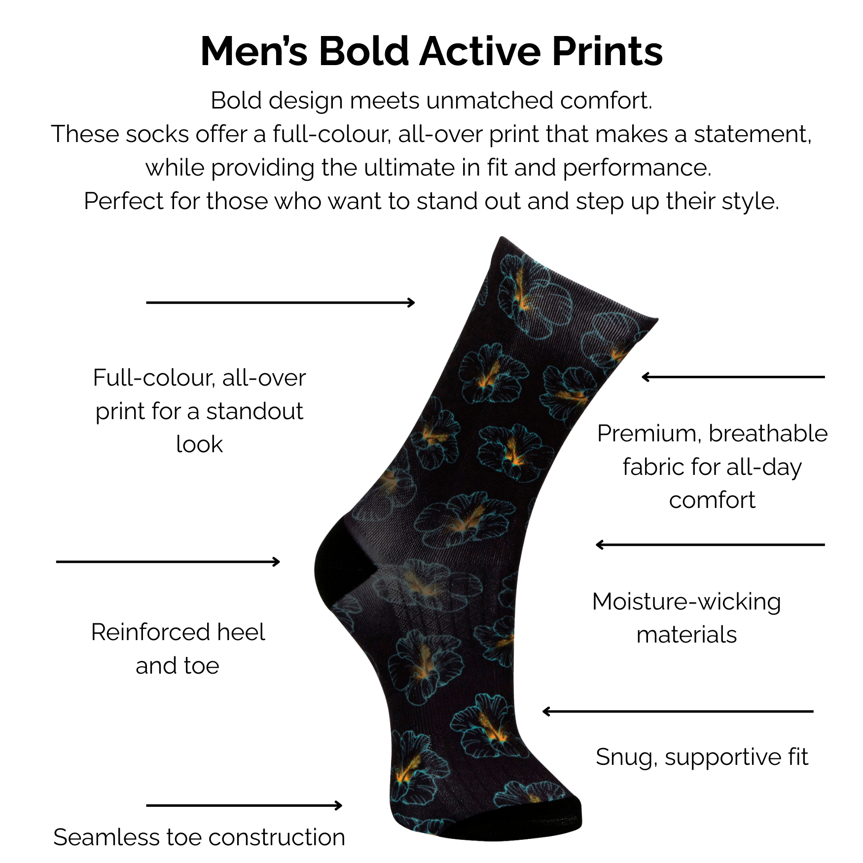 Men's bold active hibiscus print sock with technical features highlighted on a white background.