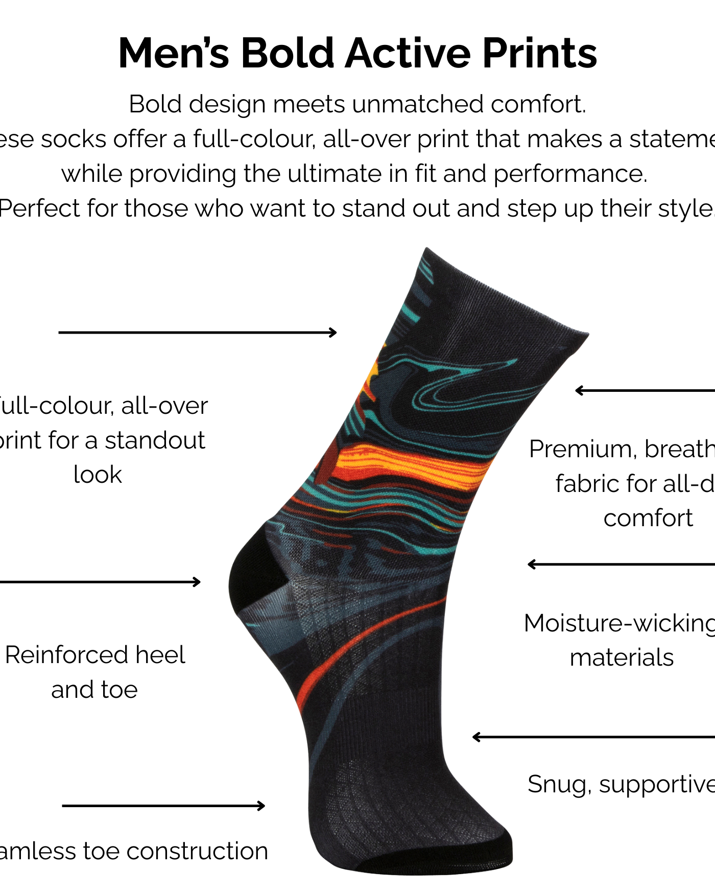 Men's bold active black lava print sock with technical features listed on a white background.