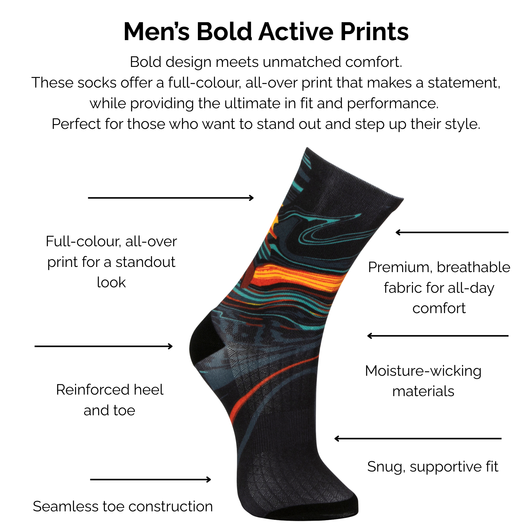 Men's bold active black lava print sock with technical features listed on a white background.