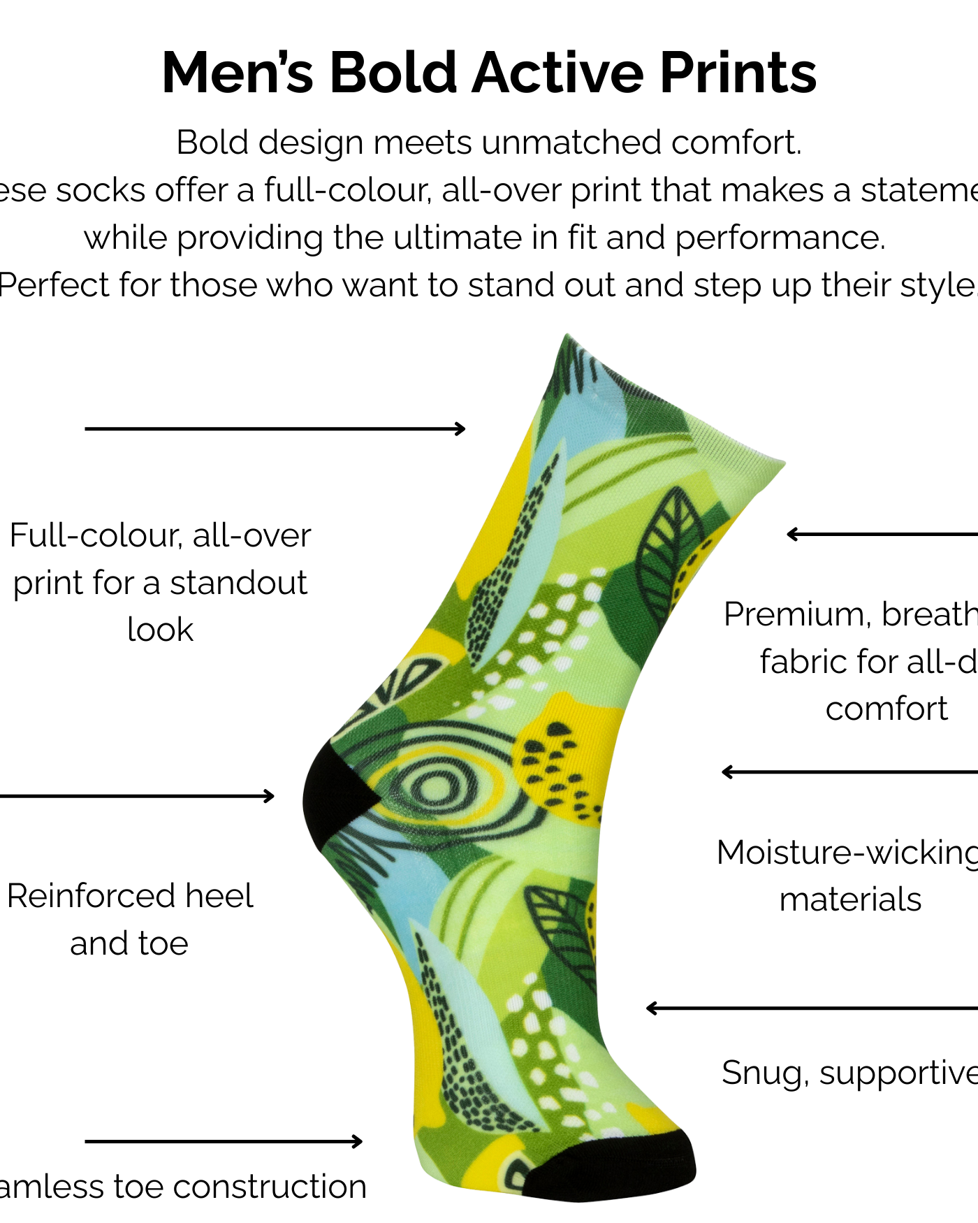 Colourful lemon and lime bold active print sock with text describing technical features on a white background.