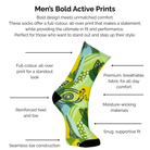 Colourful lemon and lime bold active print sock with text describing technical features on a white background.