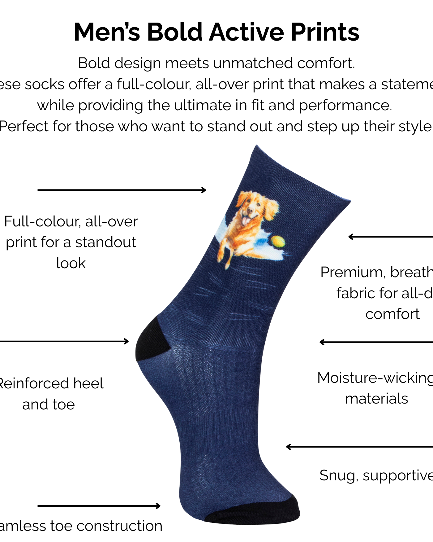 Navy sock with a golden retrieve dog print on a white background with text about technical sock features.