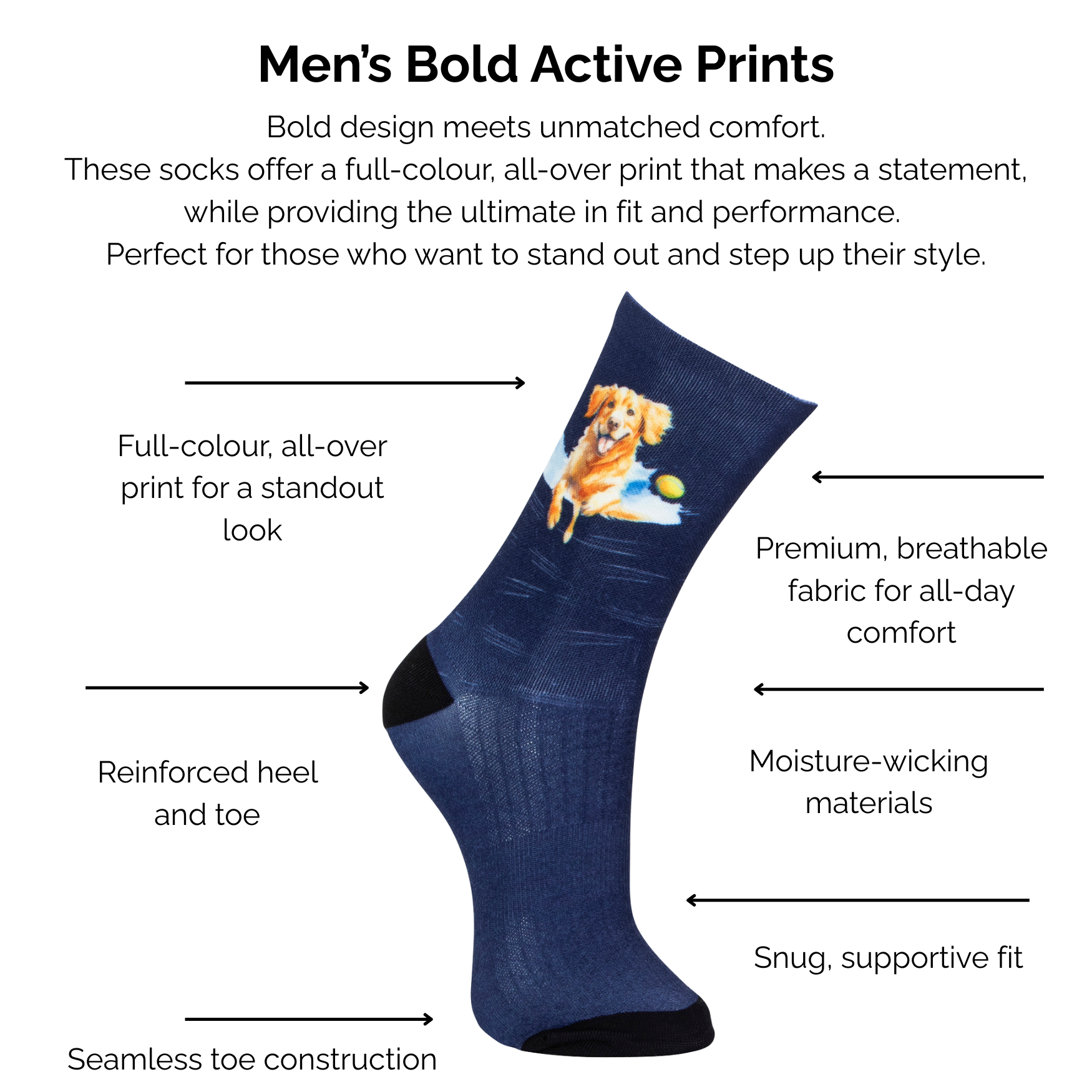 Navy sock with a golden retrieve dog print on a white background with text about technical sock features.