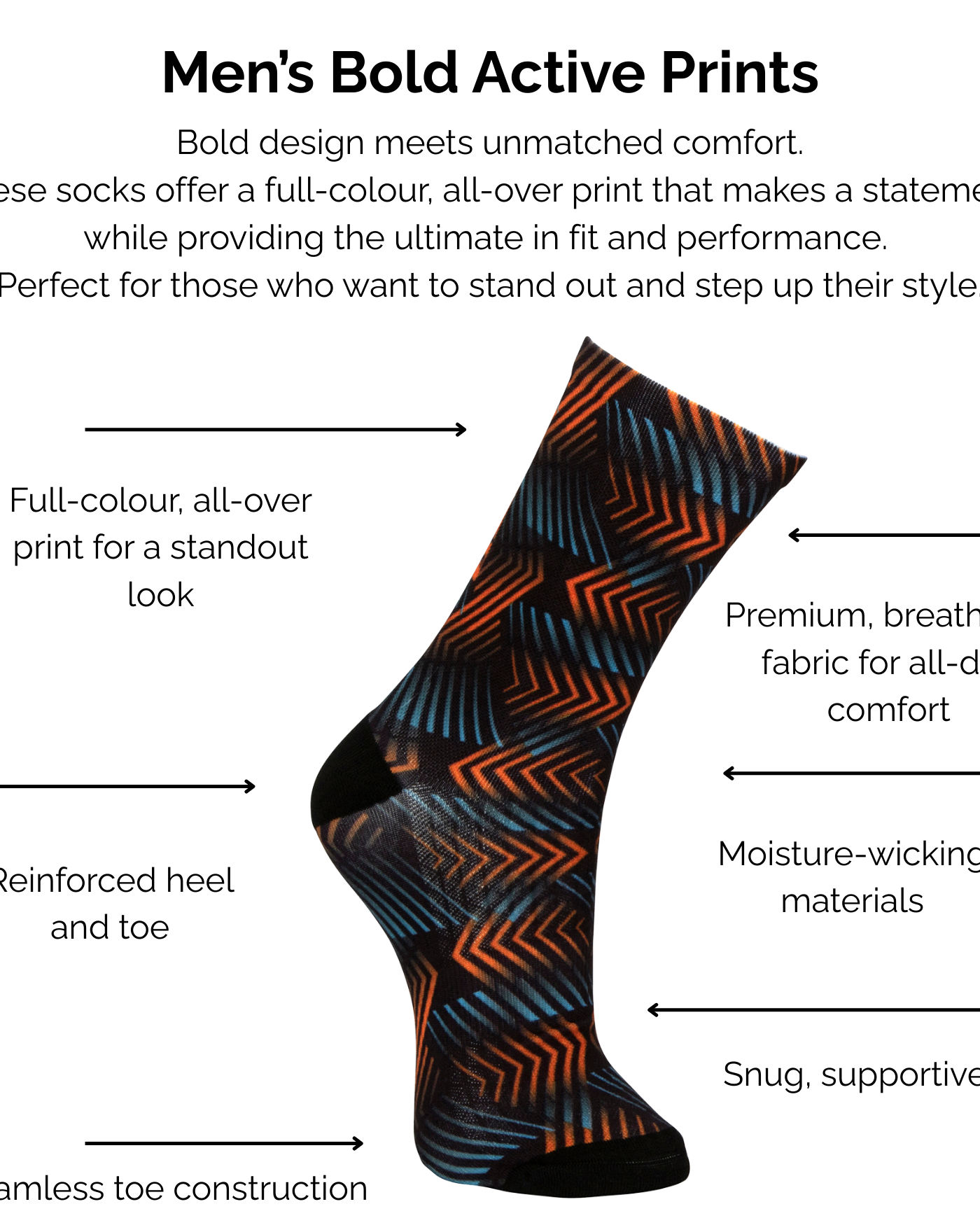 Men's bold active orange and light blue geometric print sock with technical features listed on a white background.