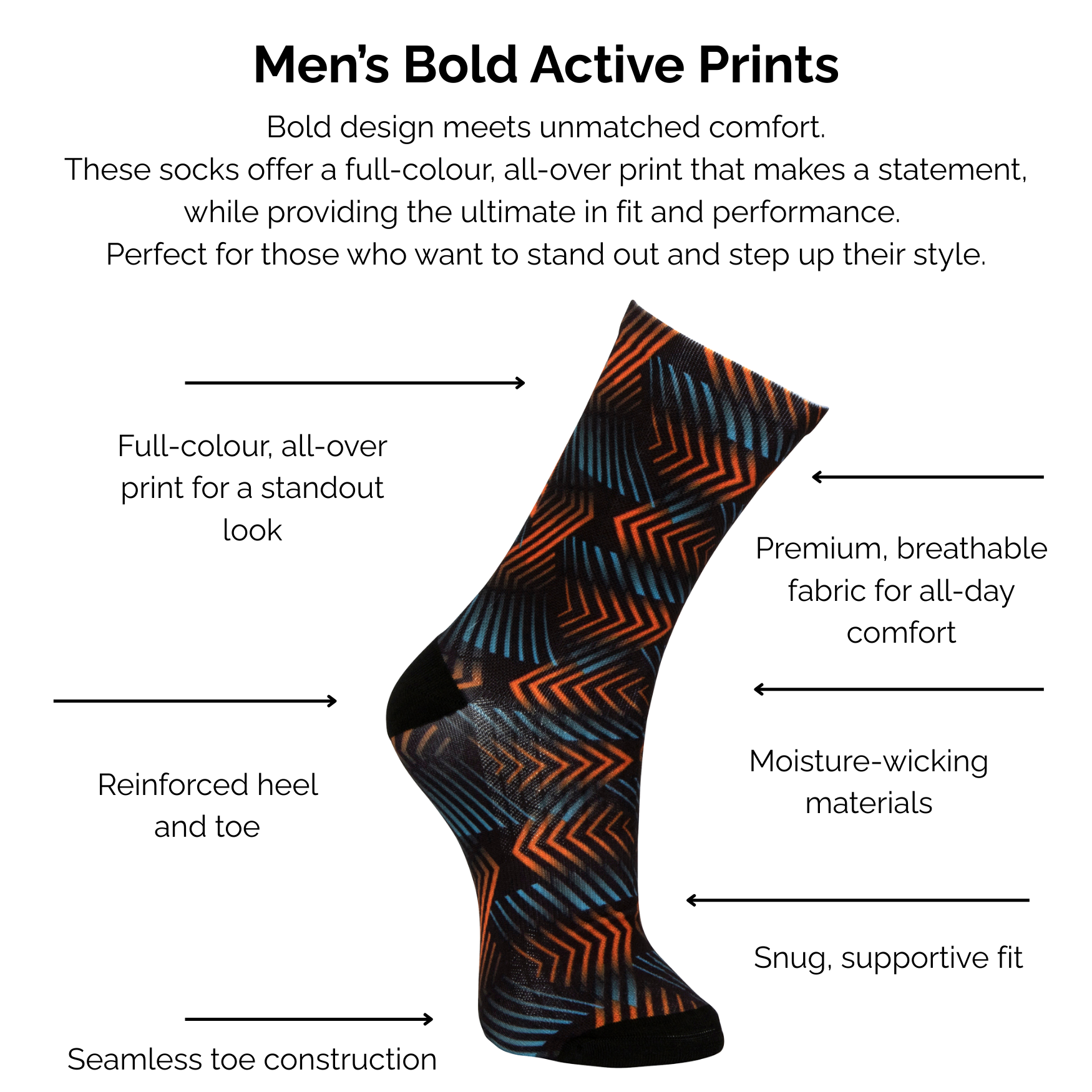 Men's bold active orange and light blue geometric print sock with technical features listed on a white background.