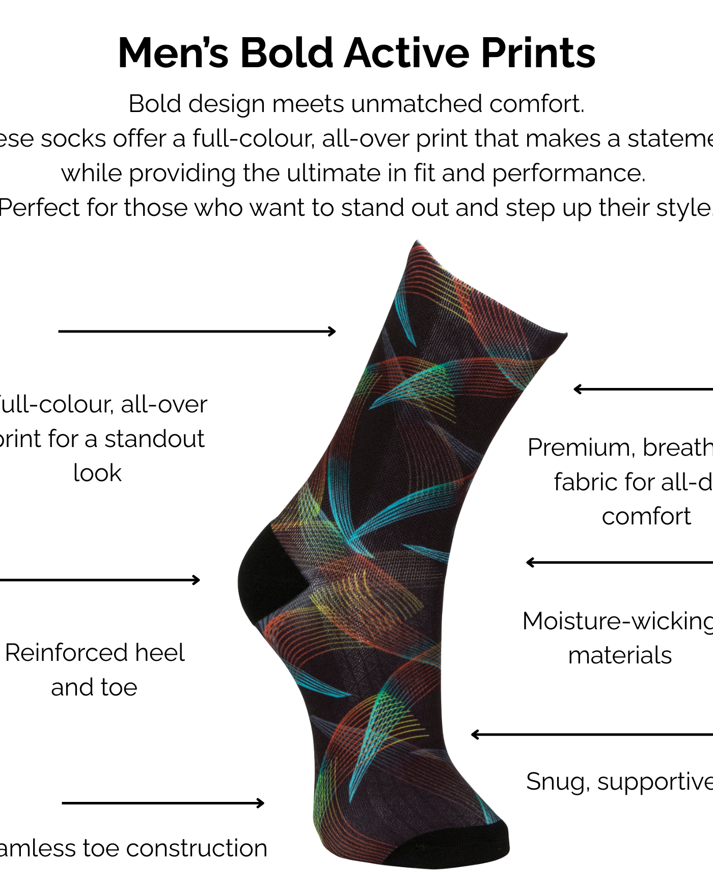 Men's psychedelic bold active print sock with technical features listed on a white background.