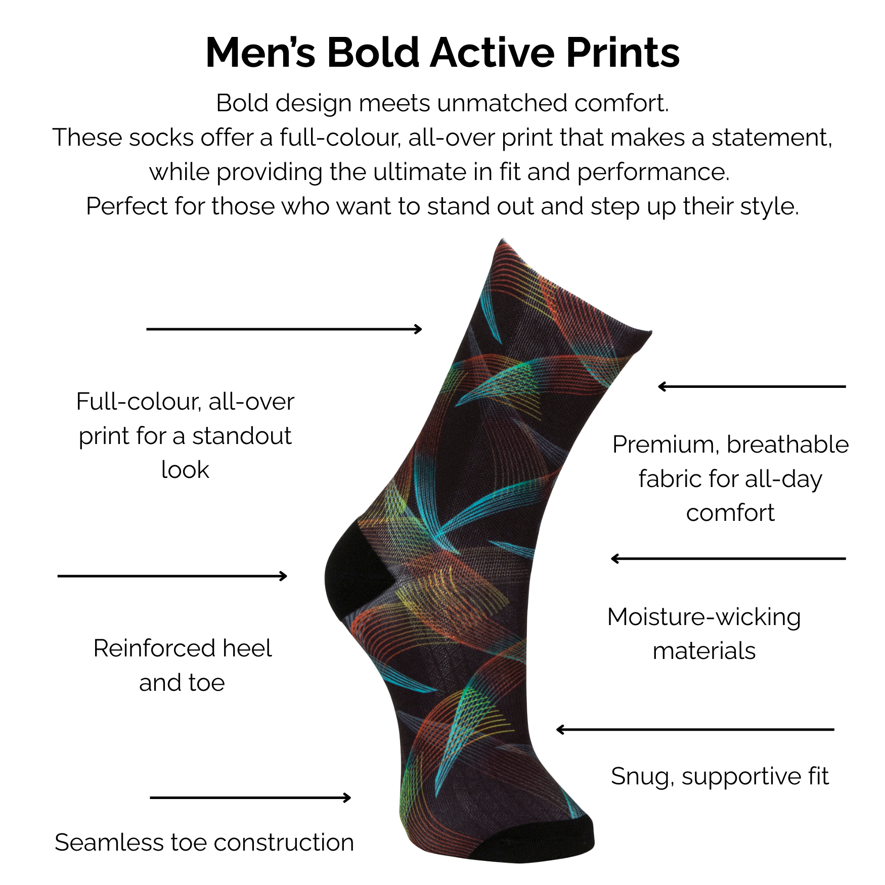 Men's psychedelic bold active print sock with technical features listed on a white background.