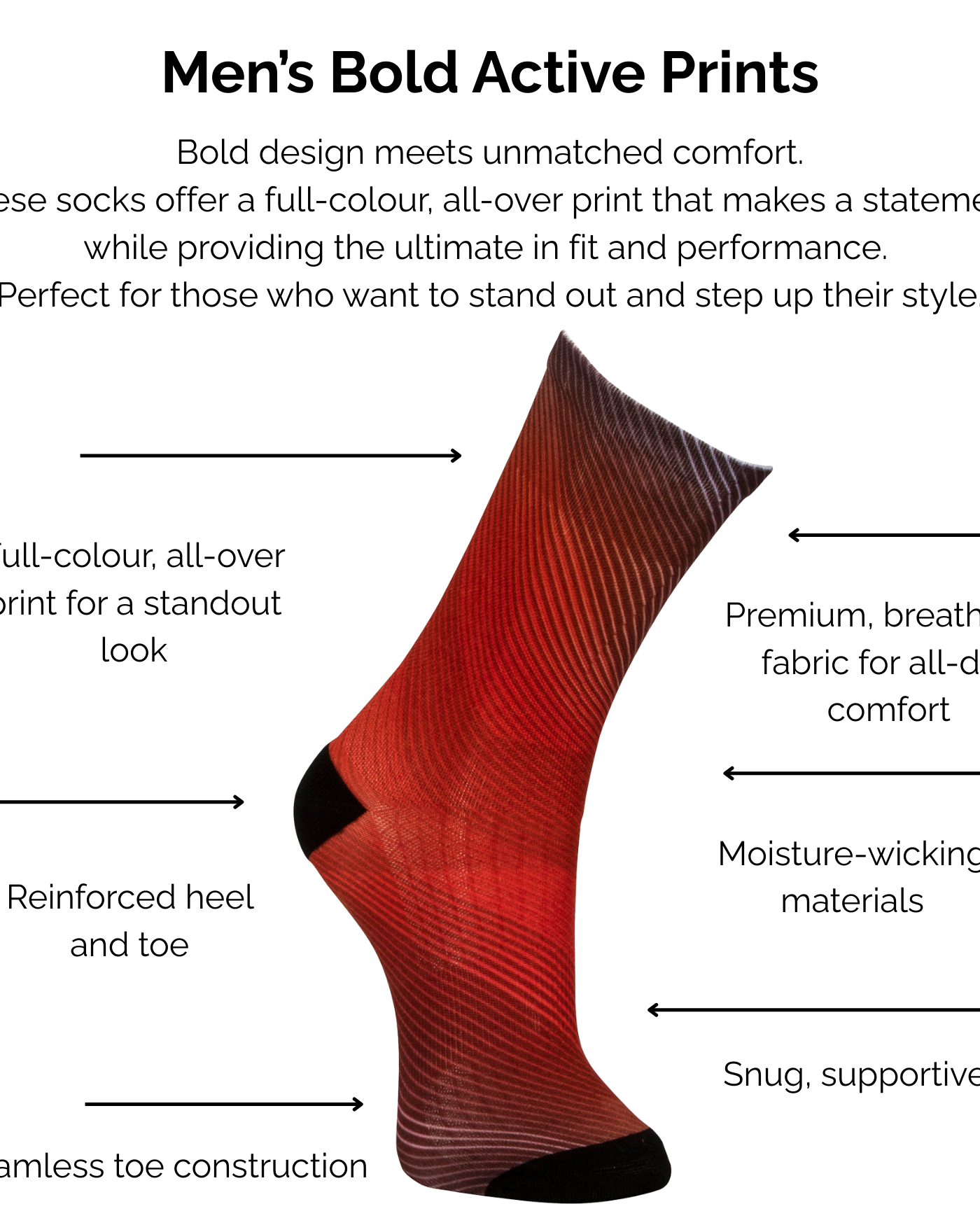 Men's red abstract bold active print sock with black accents featuring technical text on a white background.