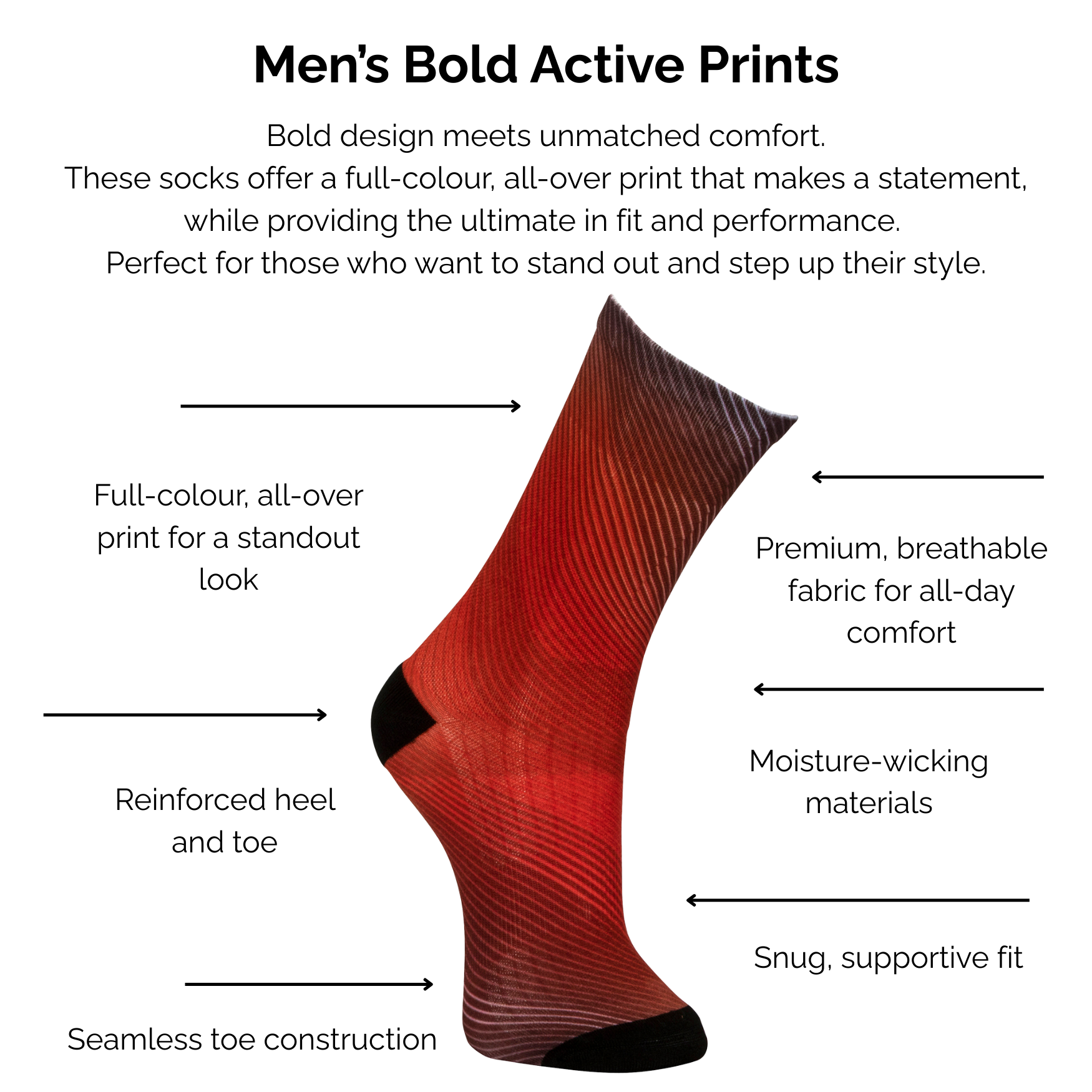 Men's red abstract bold active print sock with black accents featuring technical text on a white background.