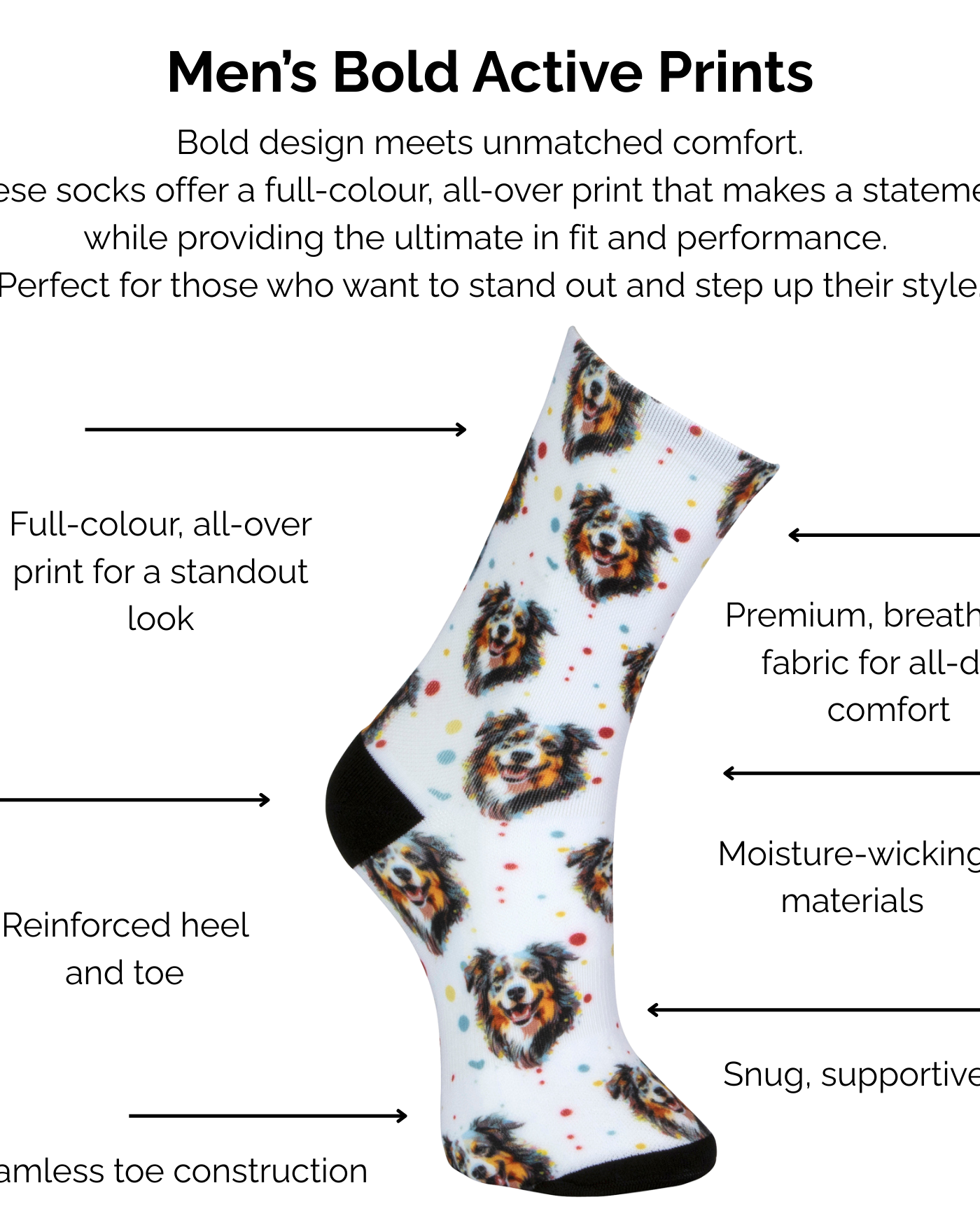 Men's bold active collie print sock with technical features listed on a white background.