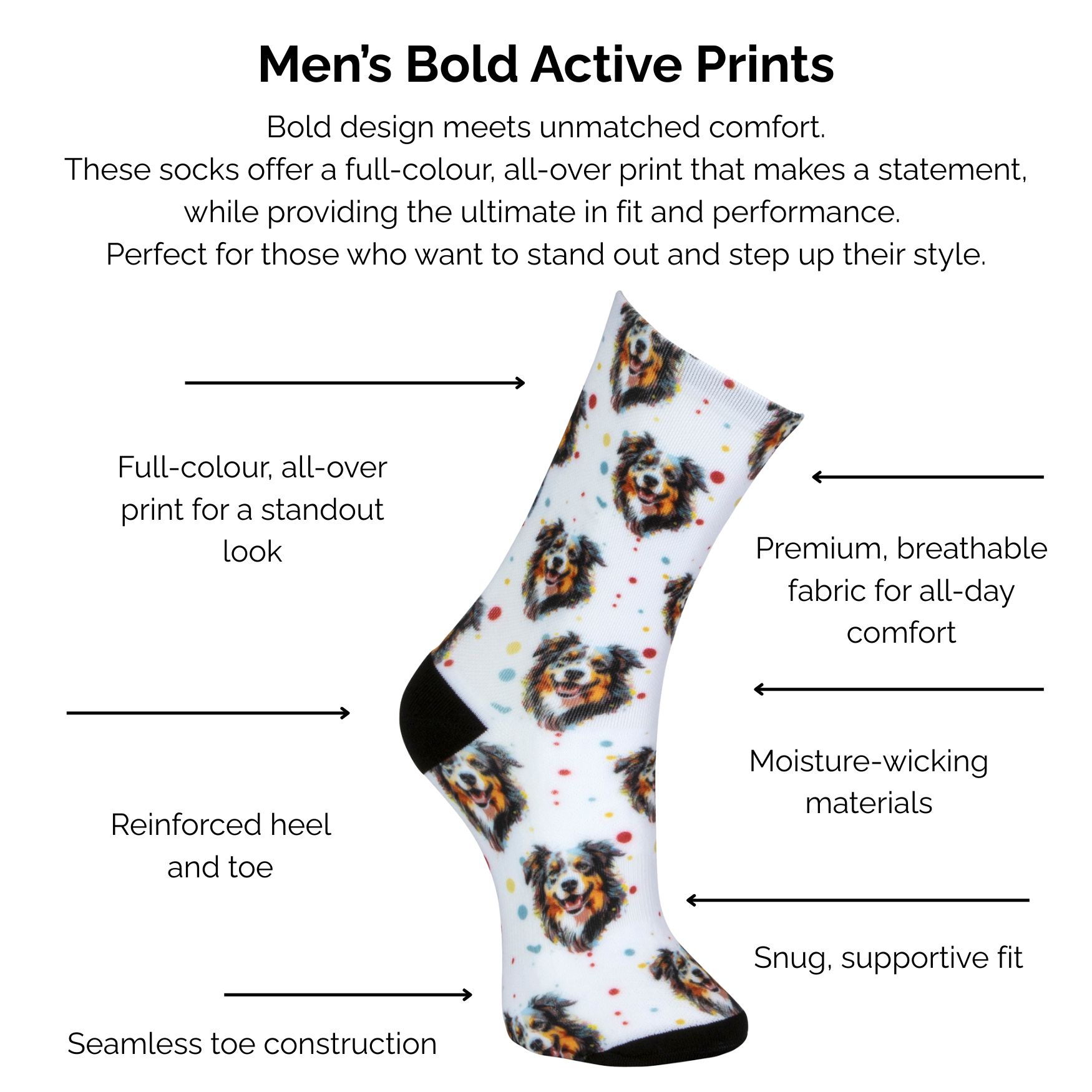 Men's bold active collie print sock with technical features listed on a white background.
