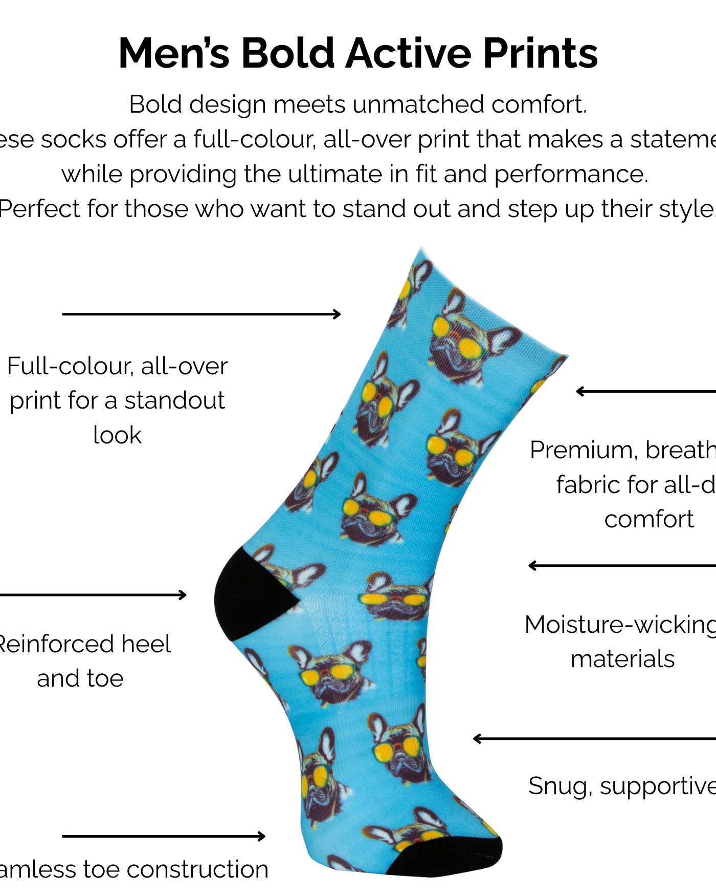 Light blue bold active print sock with a french bulldog pattern on a white background with text about technical sock features.