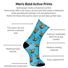 Light blue bold active print sock with a french bulldog pattern on a white background with text about technical sock features.