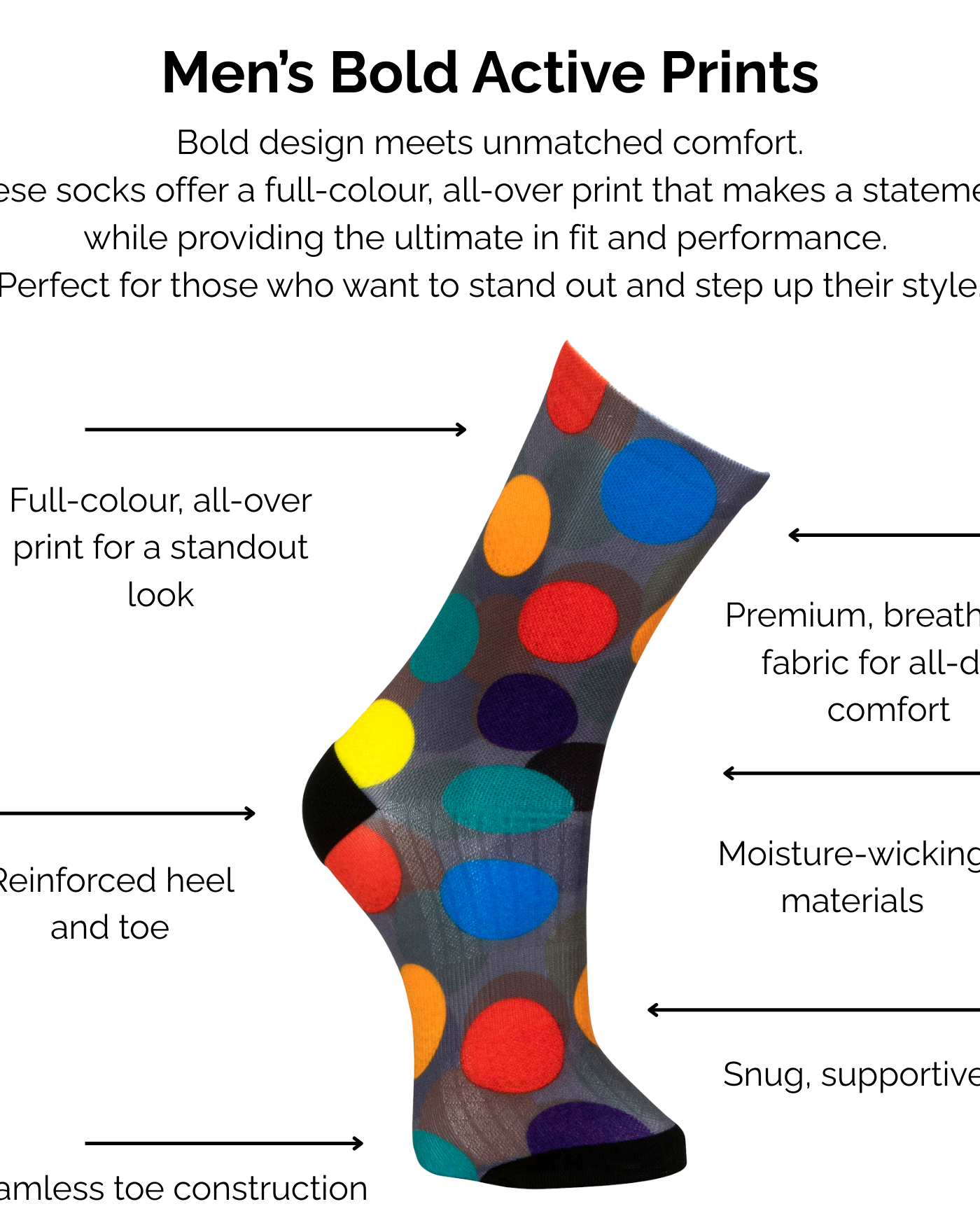 Colourful large dot bold active print sock with text describing technical features on a white background.