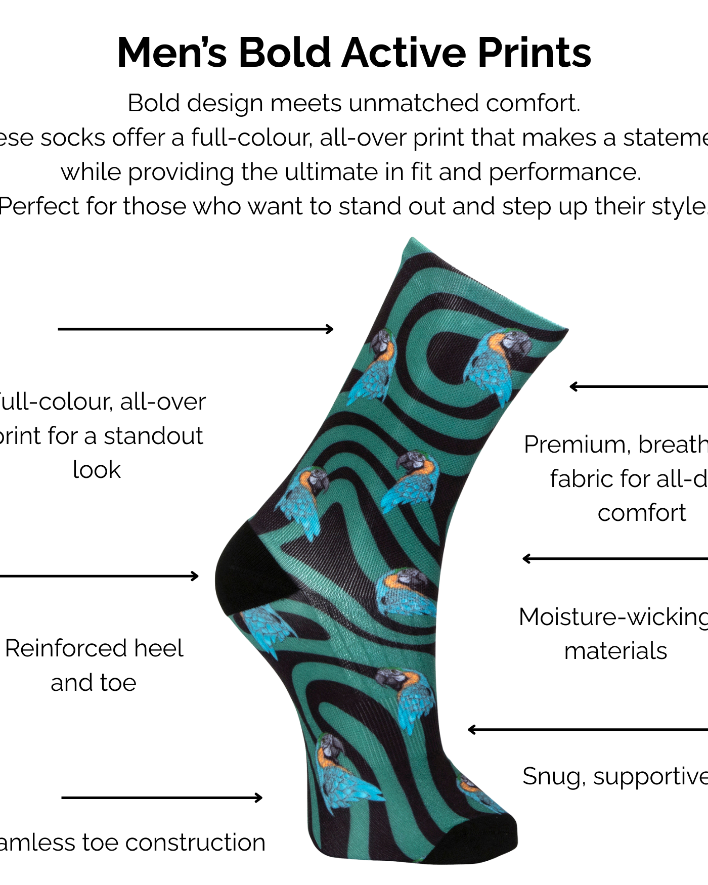Men's bold active black and green parrot print sock with technical features listed on a white background.