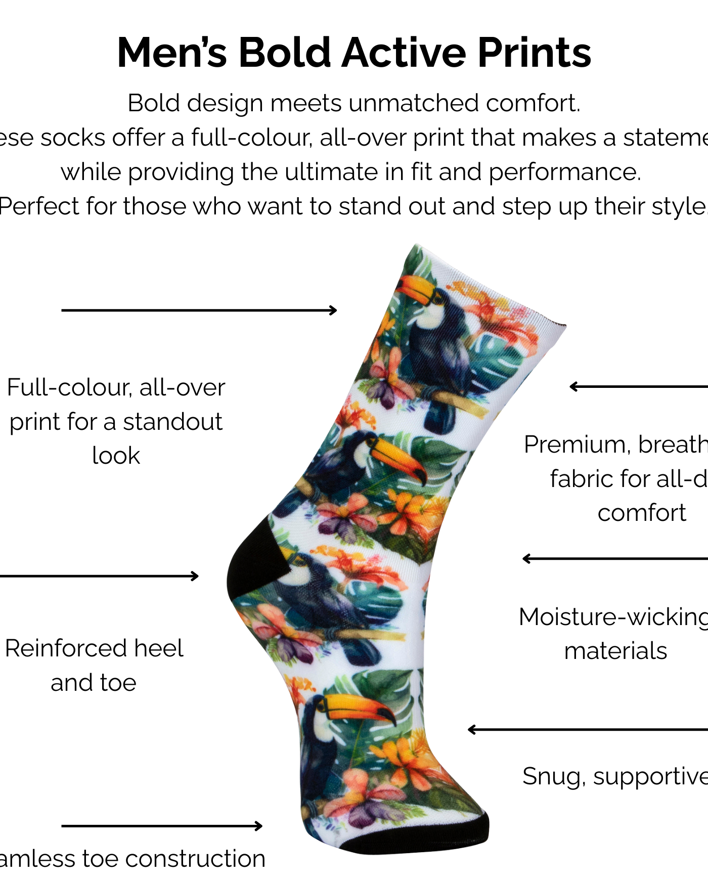 Men's bold active colourful toucan print sock with technical features listed on a white background.