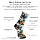 Men's bold active colourful toucan print sock with technical features listed on a white background.