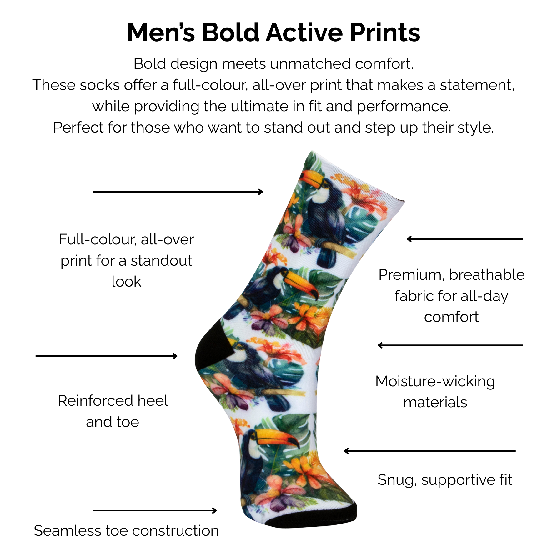 Men's bold active colourful toucan print sock with technical features listed on a white background.