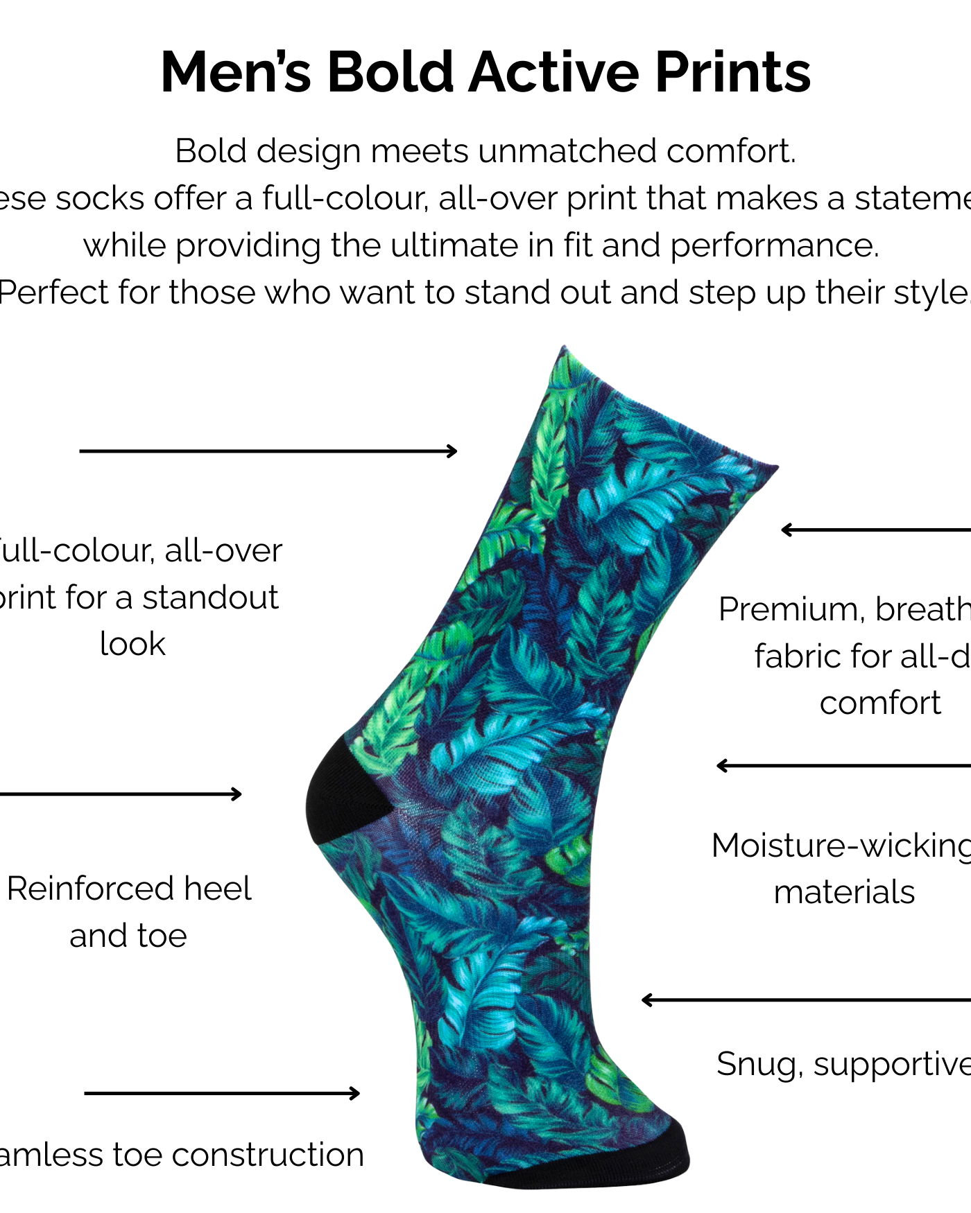 Men's bold active green and blue tropical fern print sock with technical features listed on a white background.