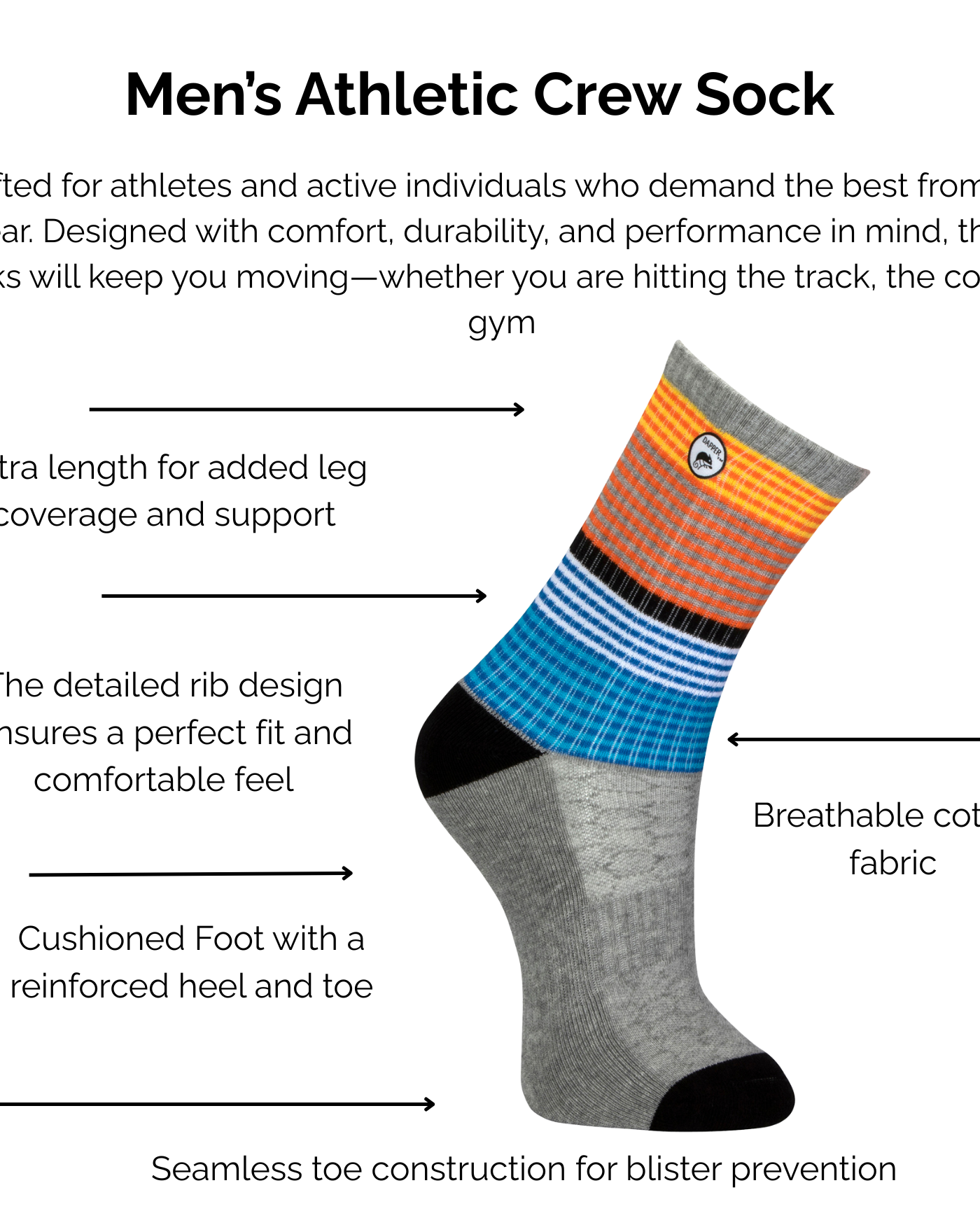 Men's bold athletic crew grey cotton sock with orange and blue stripes with technical features highlighted on a white background.