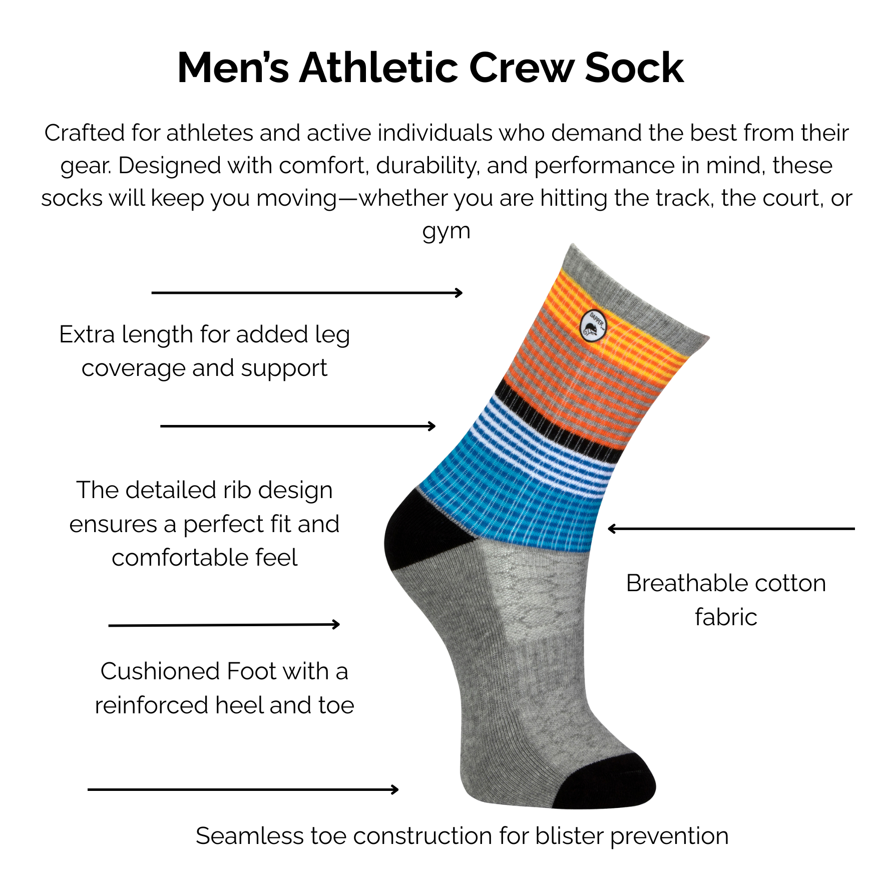 Men's bold athletic crew grey cotton sock with orange and blue stripes with technical features highlighted on a white background.