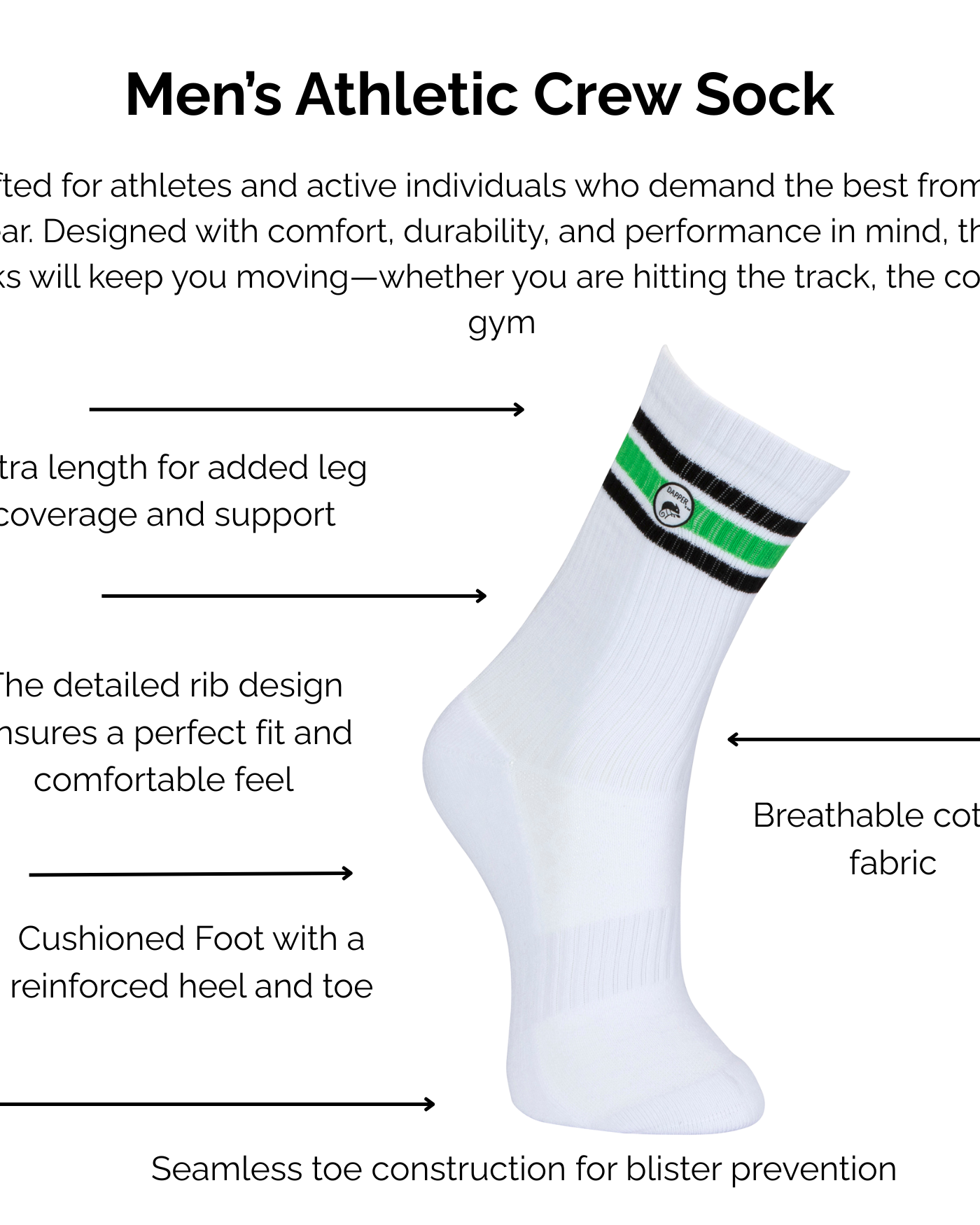 Men's white and green athletic crew sock with technical features highlighted on a white background