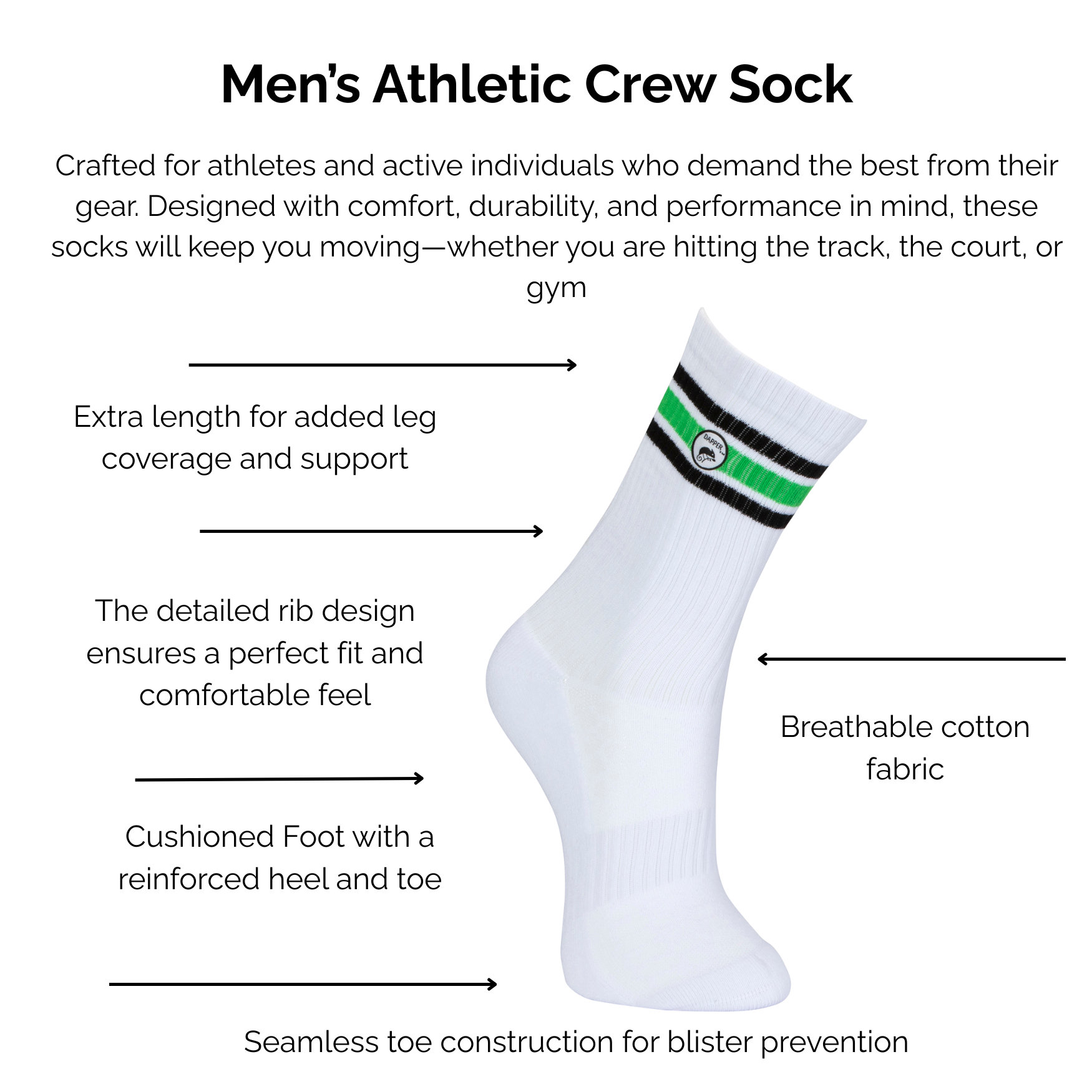Men's white and green athletic crew sock with technical features highlighted on a white background