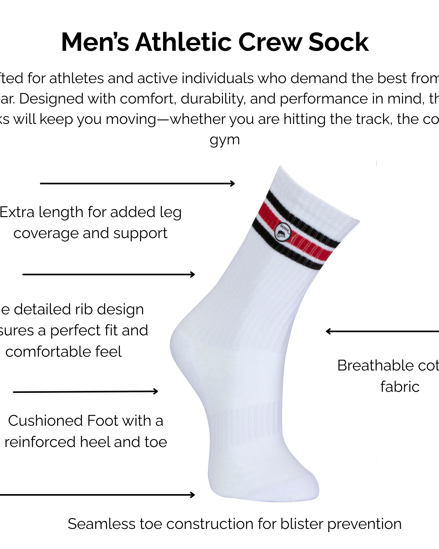 Men's white and red striped athletic crew sock with technical features listed on a white background.