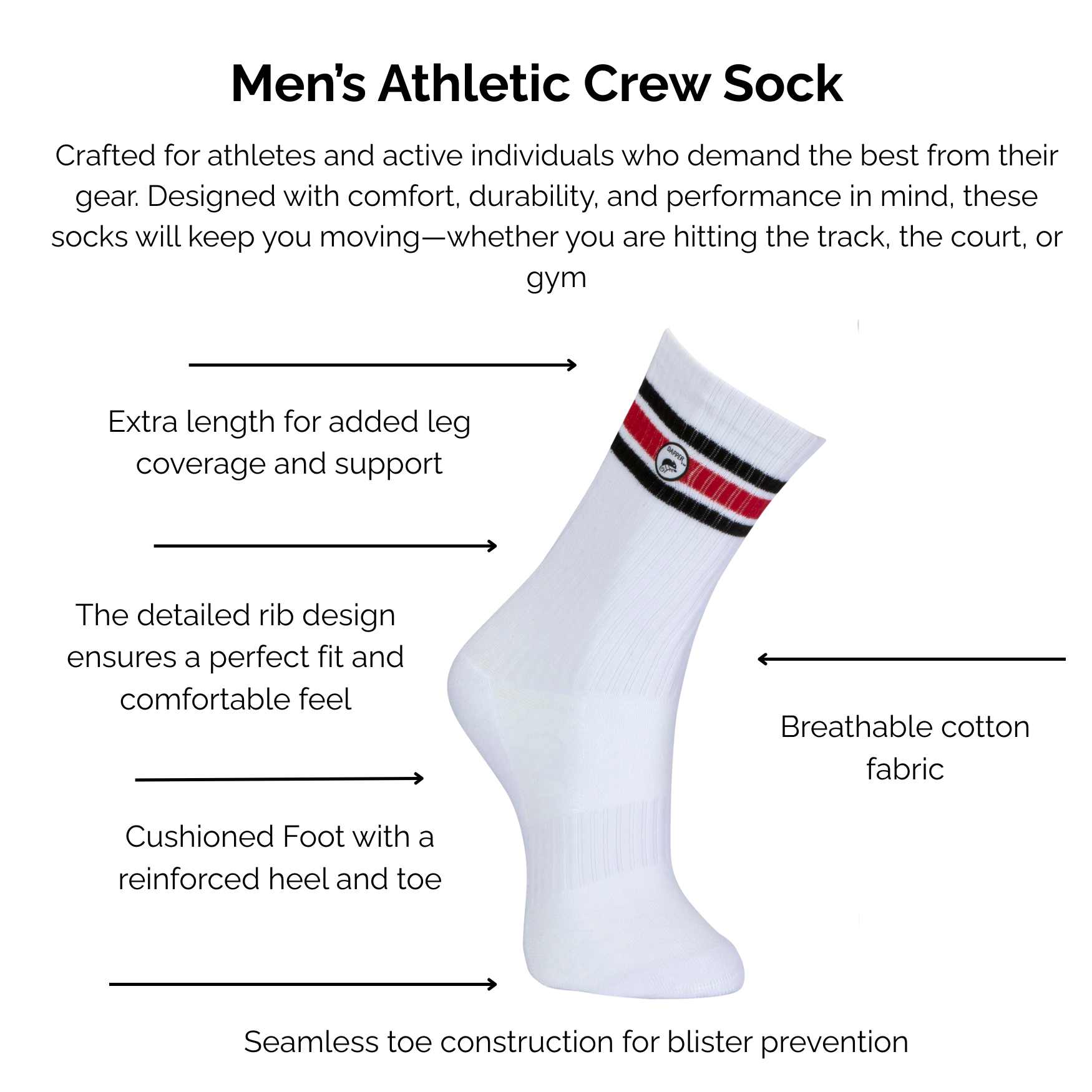 Men's white and red striped athletic crew sock with technical features listed on a white background.