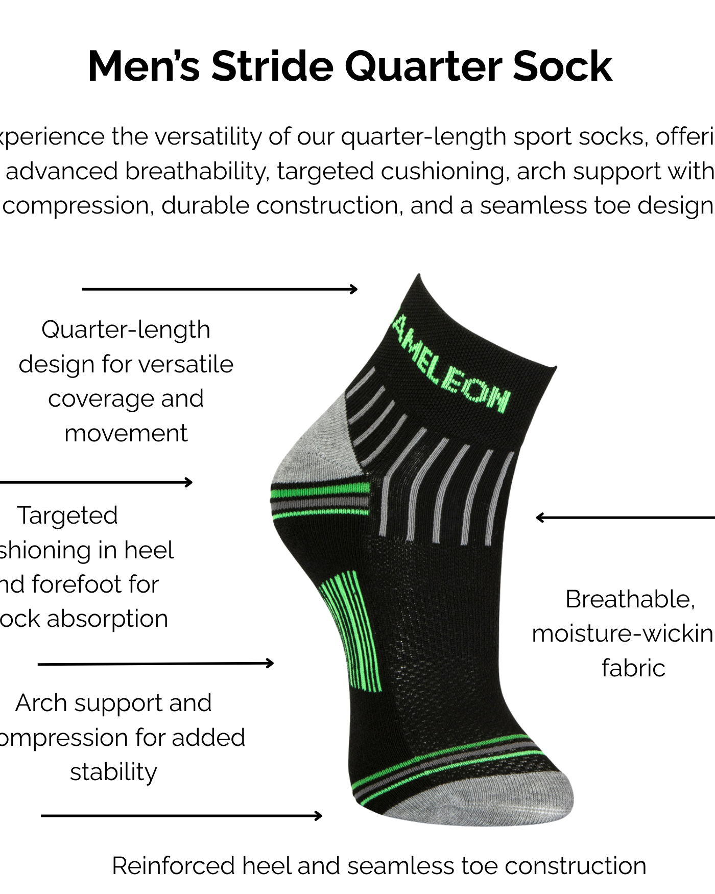 Men's Stride Quarter Black Sock with grey and lime green stripes with technical features listed on a white background.