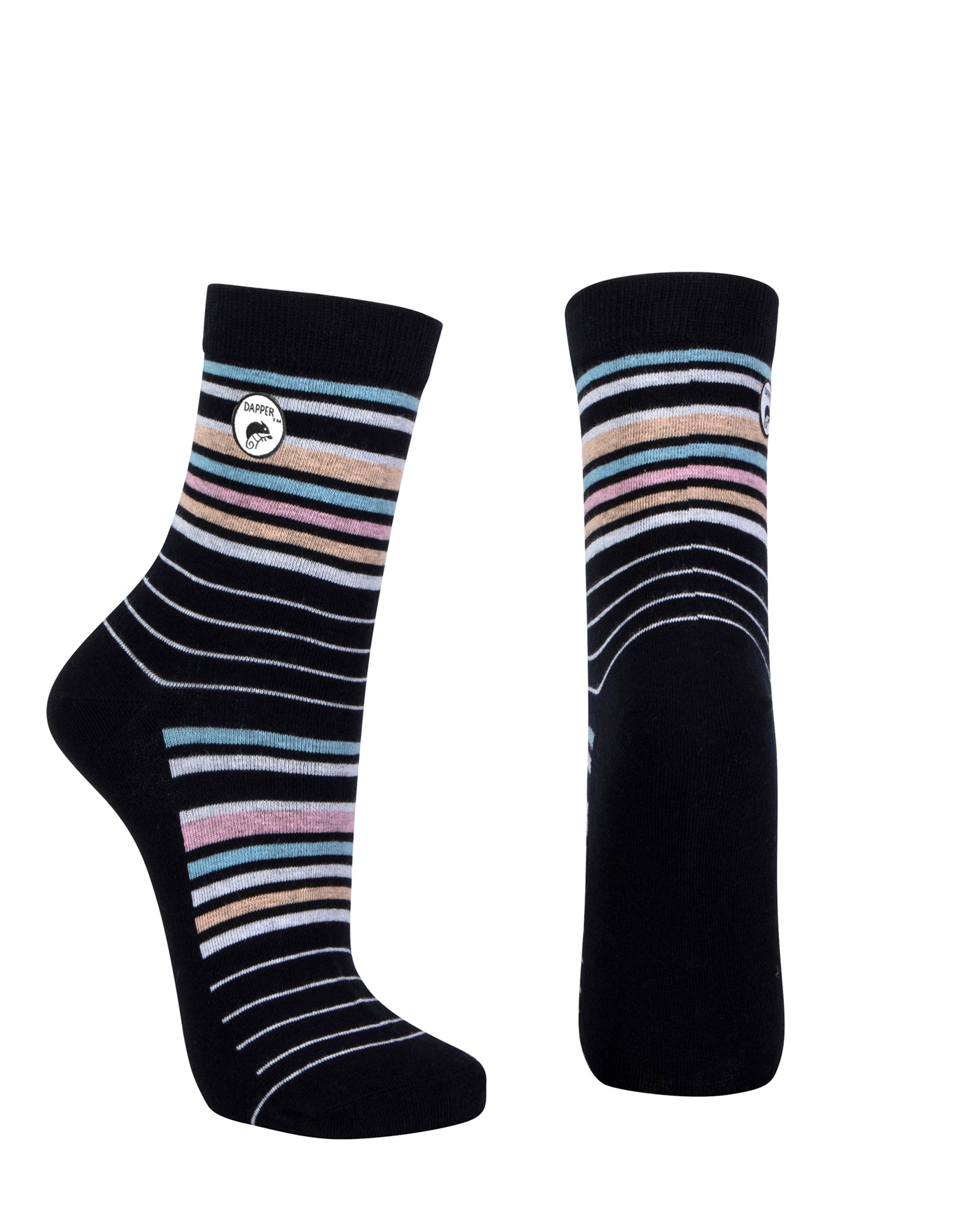 Combed cotton dark navy seamless toe anklet with pastel blue, orange, pink and white stripes and dark navy heel and toe.