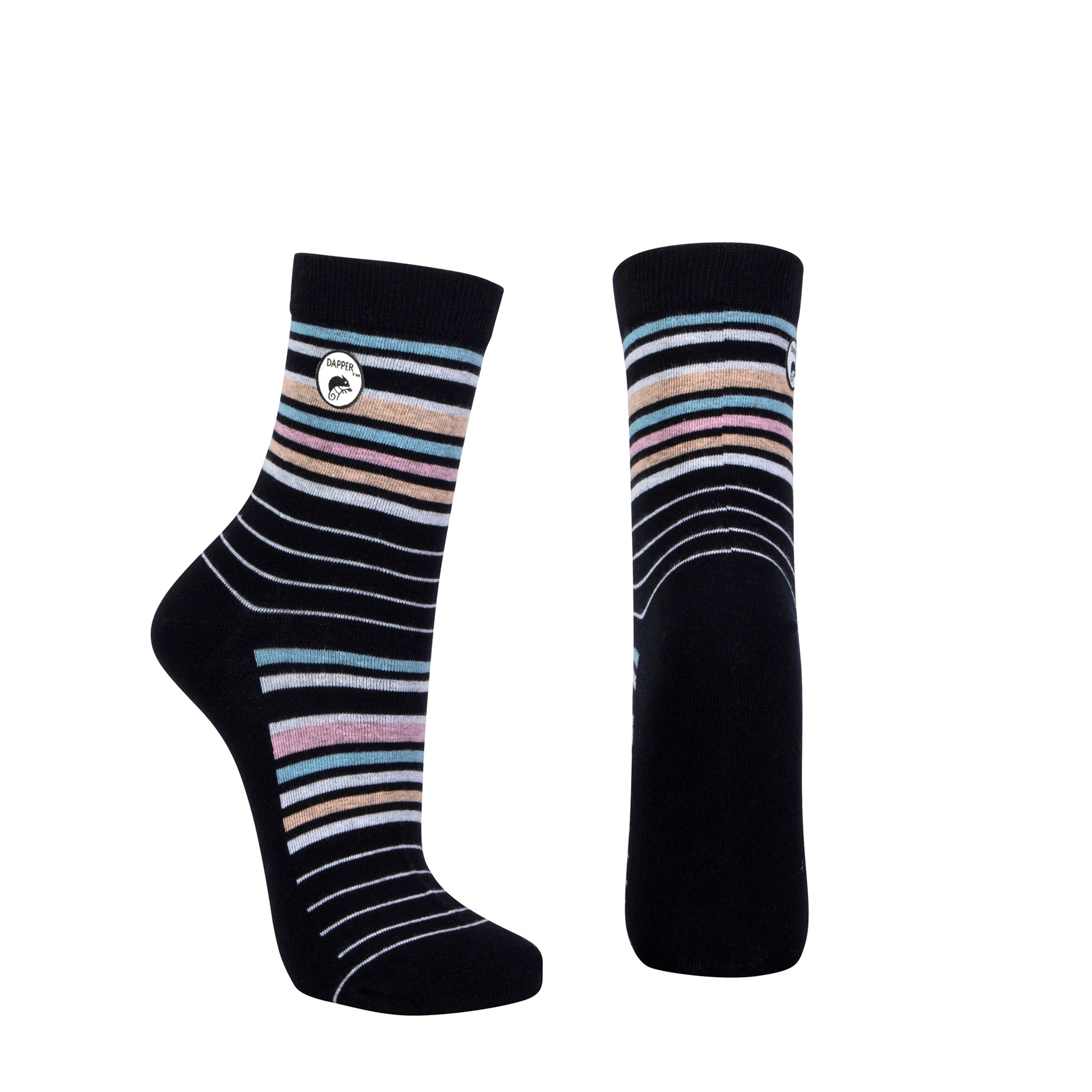 Combed cotton dark navy seamless toe anklet with pastel blue, orange, pink and white stripes and dark navy heel and toe.