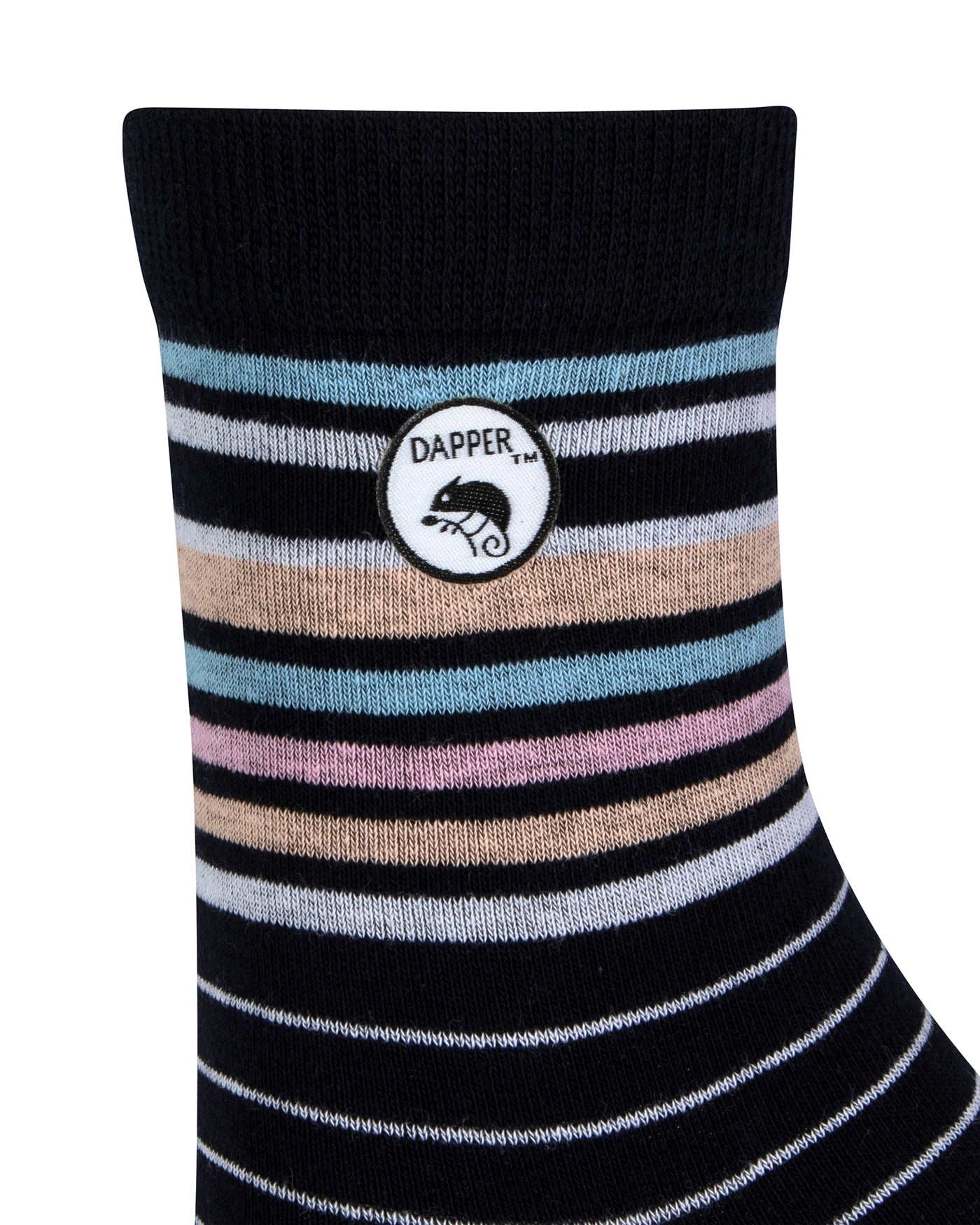 Side view of a combed cotton dark navy seamless toe anklet with pastel blue, orange, pink and white stripes with Dapper Chameleon logo.